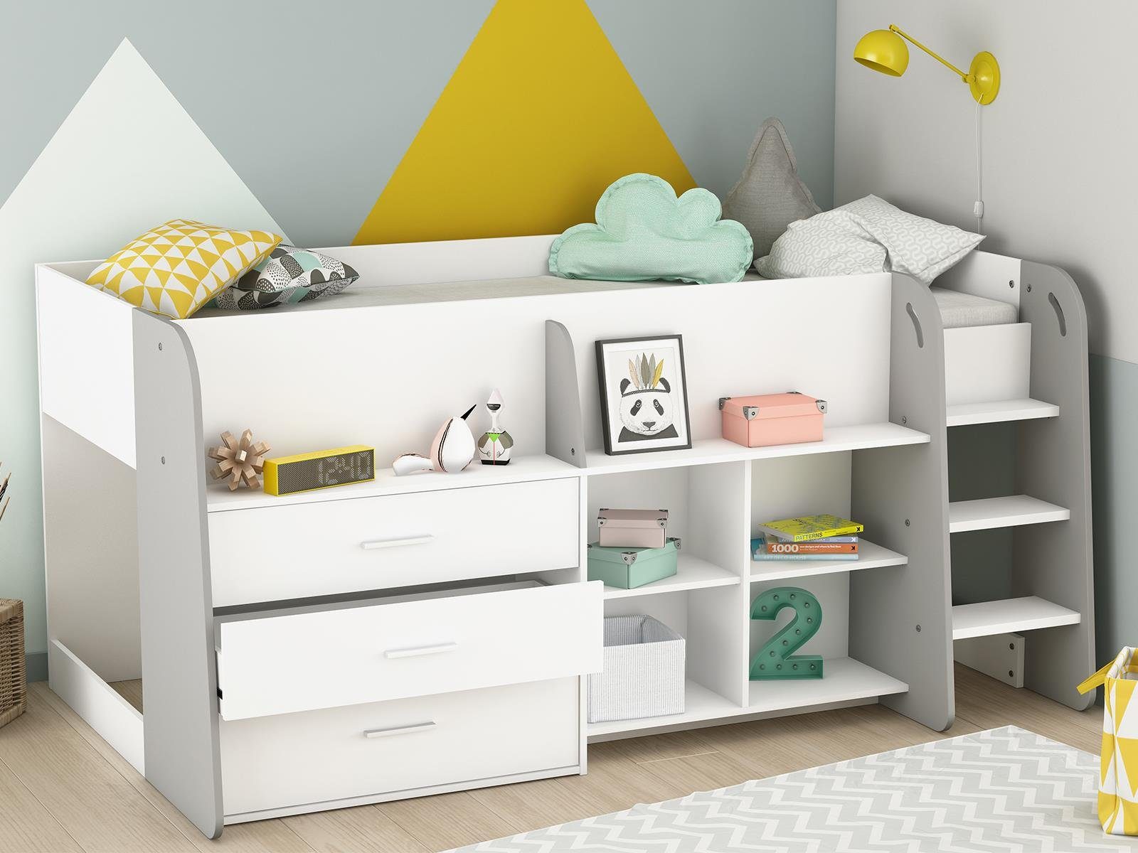 möbelando Stauraumbett »Harlow«, Modernes Kombi-Bett aus Spanplatte, in Weiß matt mit Absetzungen in Hellgrau mit 3 Schubkästen und 6 offenen Fächern. Breite 203,4 cm, Höhe 97,8 cm, Tiefe 120,5 cm, Liegefläche 90 x 200 cm