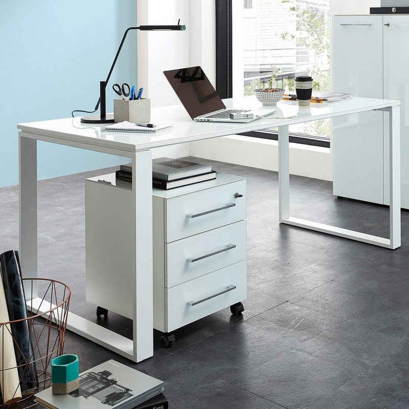 Lomadox Büromöbel-Set »MONTERO-01«, (Spar-Set), Büro Schreibtisch & Container Set in weiß mit Glasfronten und Auflagen BxHxT ca. 160x75x80cm