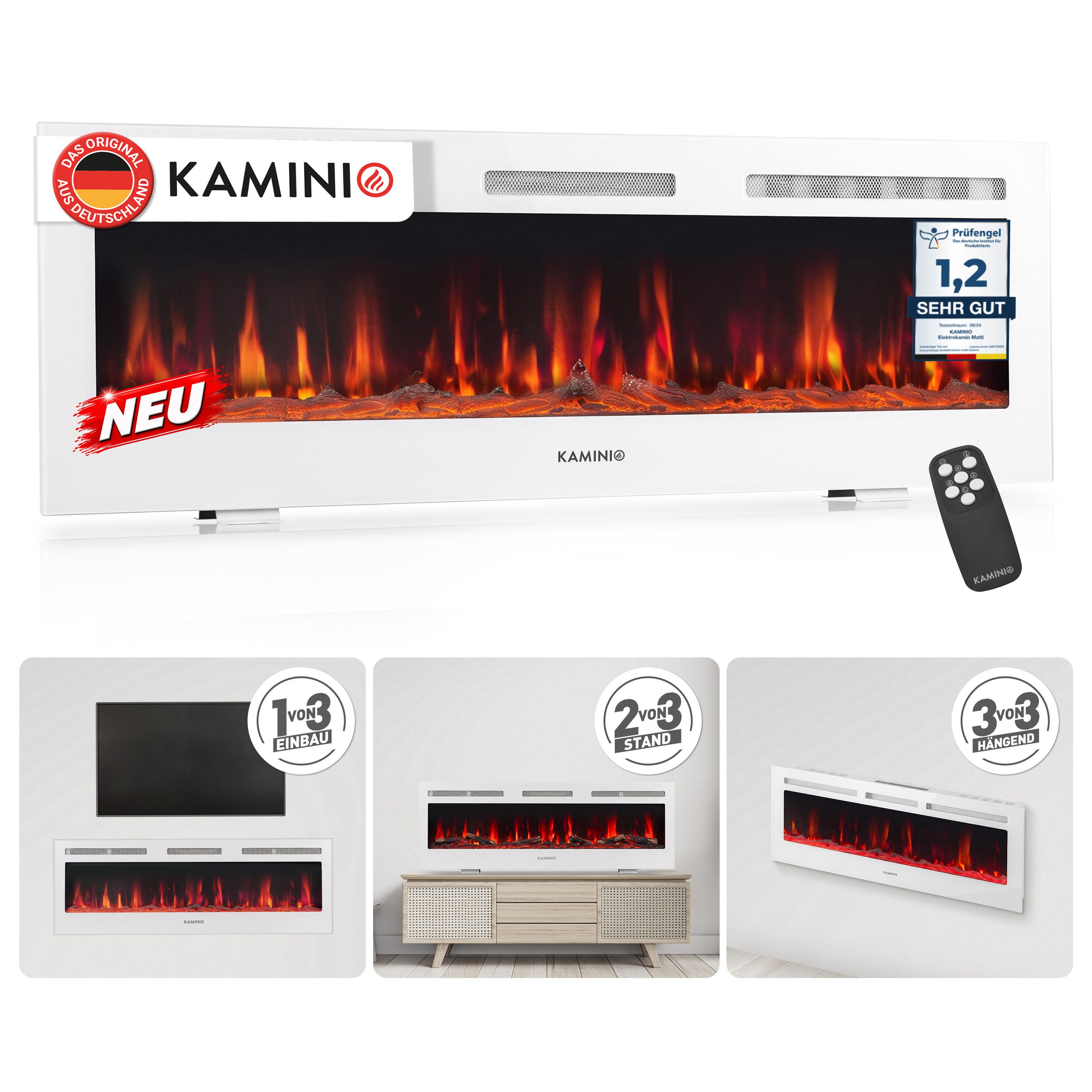 KAMINIO Elektrokamin MARLON Weiß, 3in1 Kamin: Elektrischer Stand-, Wand- und Einbaukamin, Heizung 1800W