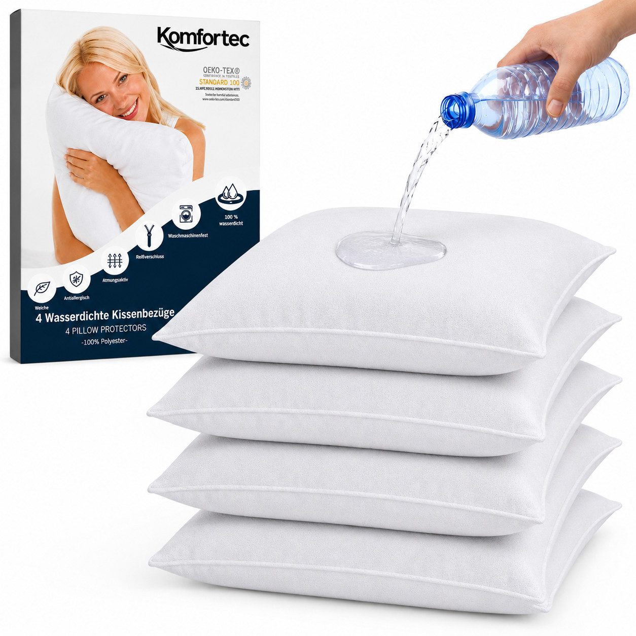Komfortec Kissenbezüge Wasserdichter Kissenbezug Set, Hypoallergen Kopfkissenbezüge, (4 Stück), 40x80 cm mit Reißverschluss, Atmungsaktiv, Anti-Milben Kissenschoner