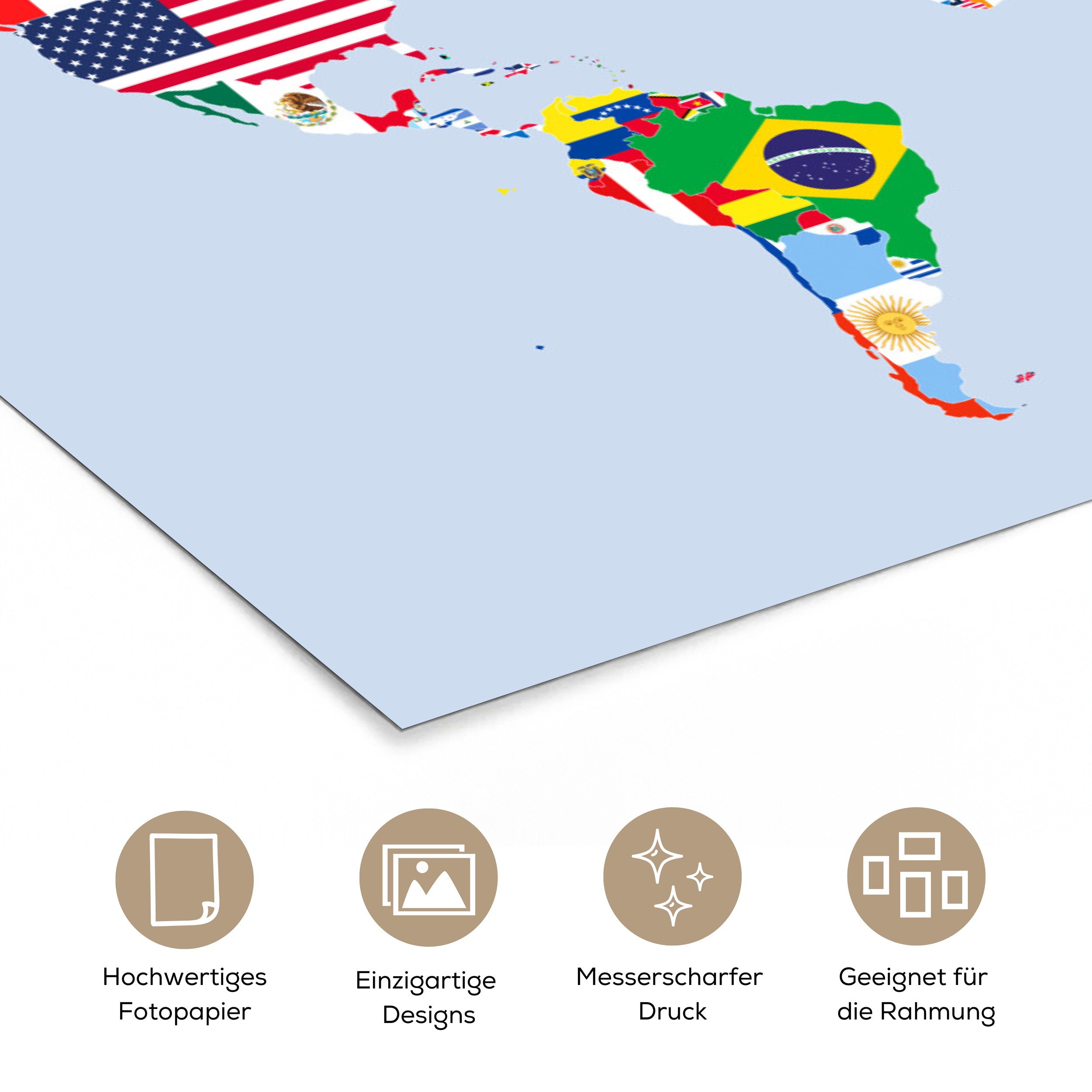 MuchoWow Poster Welt - Karte - Flagge - Länder, (1 St), Poster ohne Rahmen, Wandbild, Wandposter, 30x20 cm