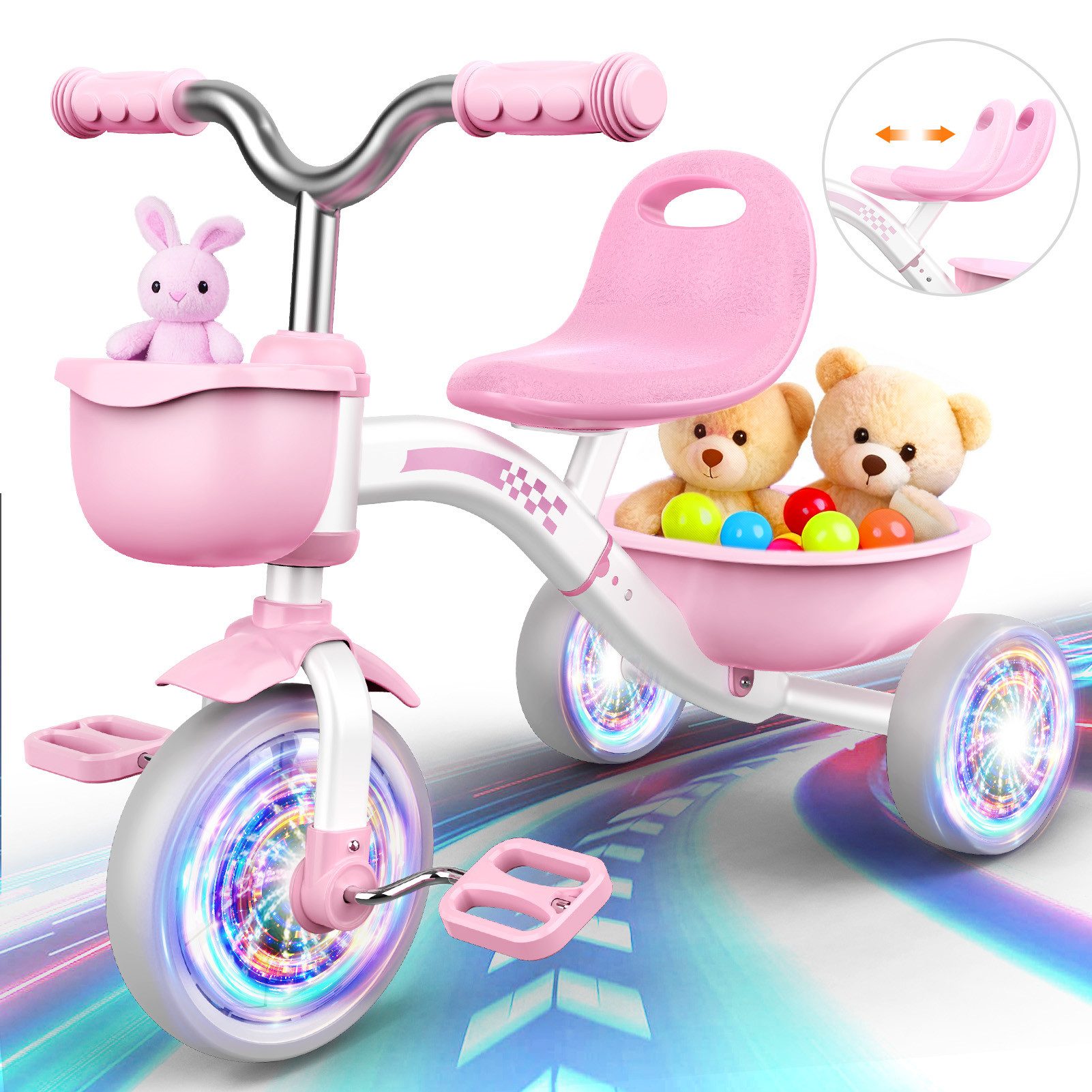 Wootoy Dreirad Kinder Dreirad Kinderfahrrad Lauffahrrad mit LED-Leuchträdern, 4-fach verstellbarem Sitz 2 Aufbewahrungskörben und leisen Rädern