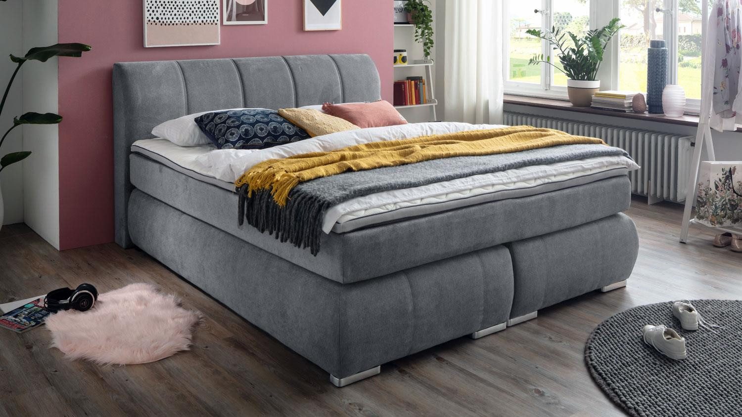 Sun Garden Boxspringbett Boxspringbett Malin anthrazit Topper fest vernäht 180x200 cm