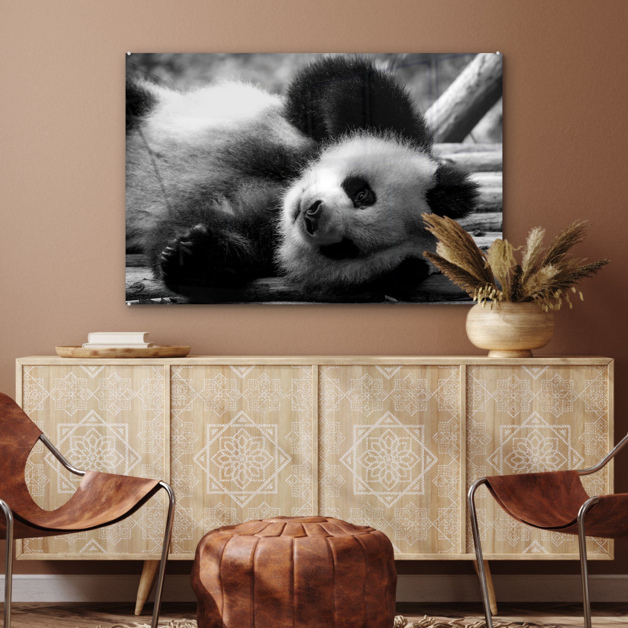 Tierprofil Acrylglasbilder Schlafzimmer Acrylglasbild (1 rollenden weiß, & und Panda schwarz in St), MuchoWow Wohnzimmer