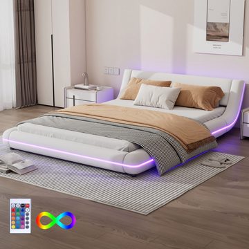 NMonet Polsterbett Doppelbett Kunstlederbett, mit 24 Farben Umgebungslicht, Lattenrost und Kopfteil, 140x200cm