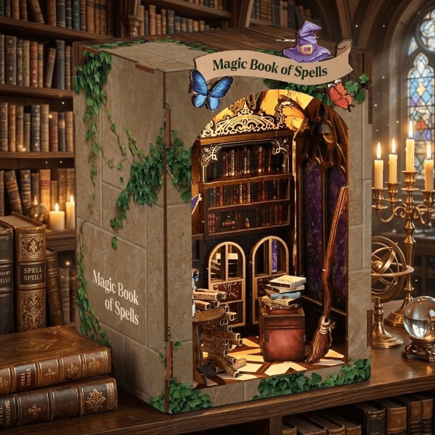 MagicHolz Buchstütze Magic Book of Spells Diorama Zauberbuch aus Holz, mit LED-Beleuchtung