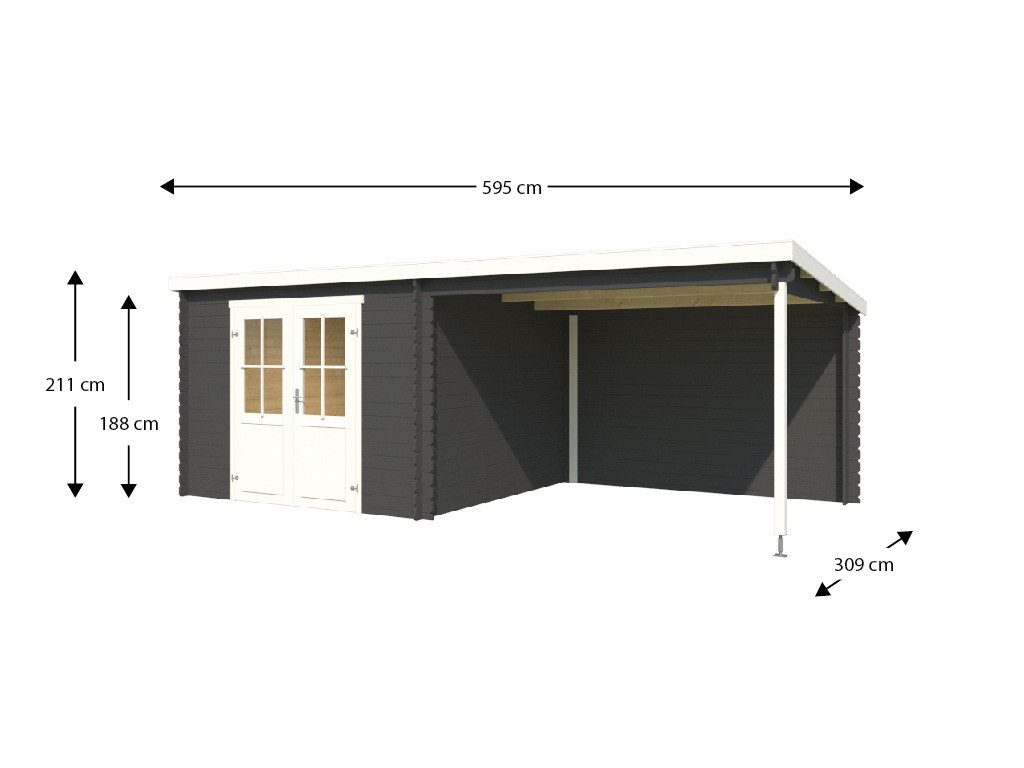 LASITA MAJA Gartenhaus Lasita Blockbohlenhaus Orlando 28 mm carbongrau m. Anbau, BxT: 595x309 cm, Anbaudach, 28 mm Wandstärke, Einzeltür mit Echtglas-Einsätzen