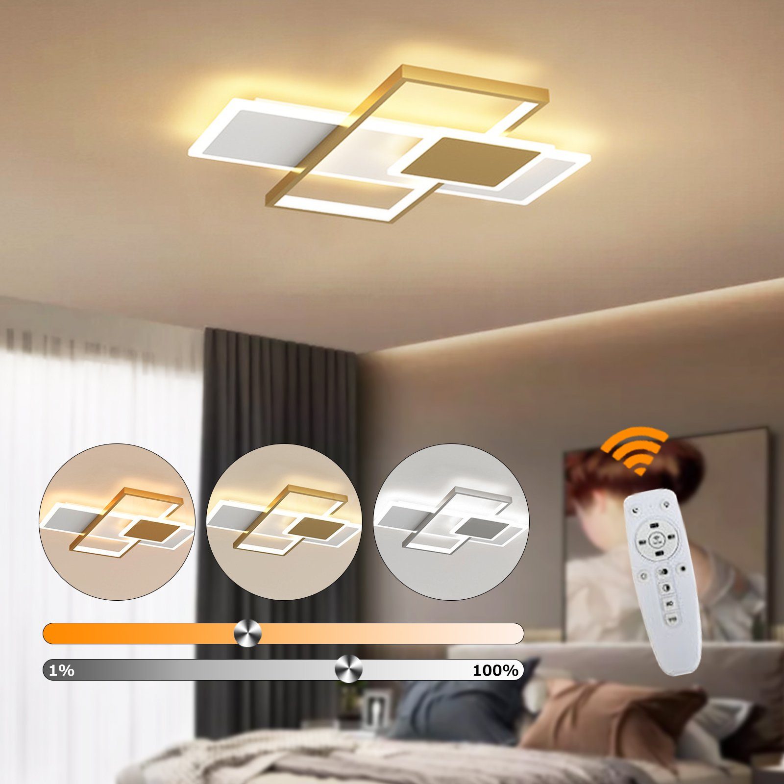 Daskoo Deckenleuchten 40W Rahmen LED Deckenlampe mit Fernbedienung Dimmbar Wohnzimmer, LED fest integriert, Warmweiß/NeutralweißWarmweiß/Neutralweiß/Kaltweiß/Kaltweiß, LED Deckenleuchte, Stufenloses Dimmen Gold