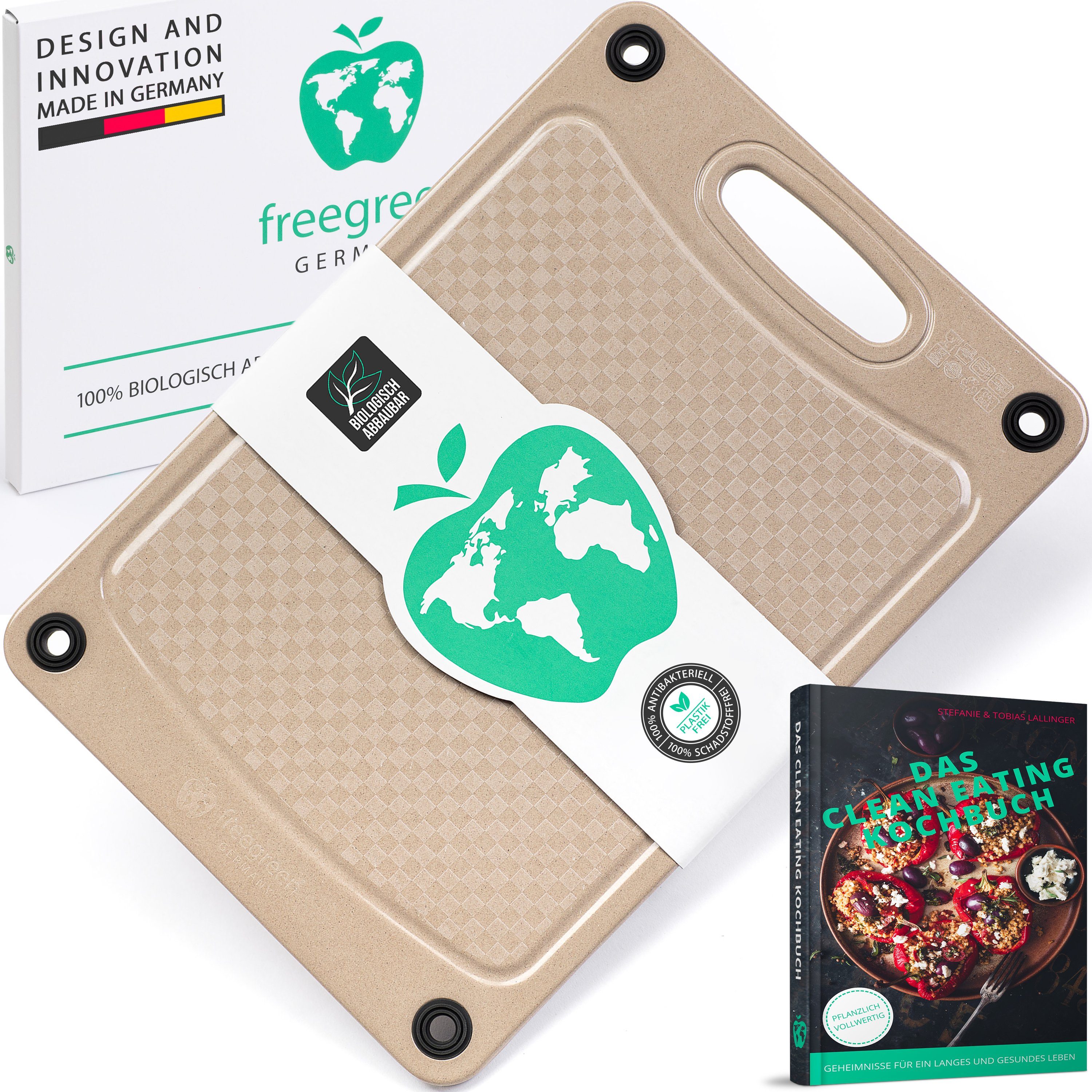 freegreen® Schneidebrett PREMIUM« aus Reishülsen I Größe 33x23cm I 100% biologisch abbaubar und kompostierbar I Inklusive Kochbuch 'Das Clean Eating Kochbuch', Aus nachwachsenden Rohstoffen hergestellt und 100 % biologisch abbaubar