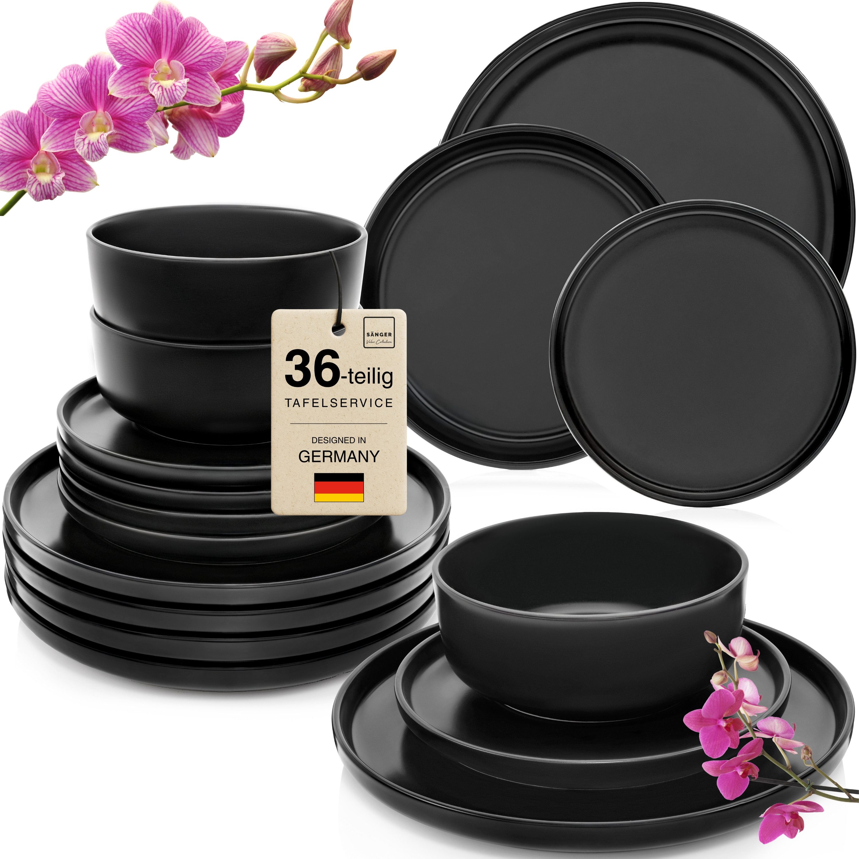 SÄNGER Tafelservice Madeira Geschirr-Set (36-tlg), 12 Personen, Steingut, schwarz, Handmade, VALUE COLLECTION