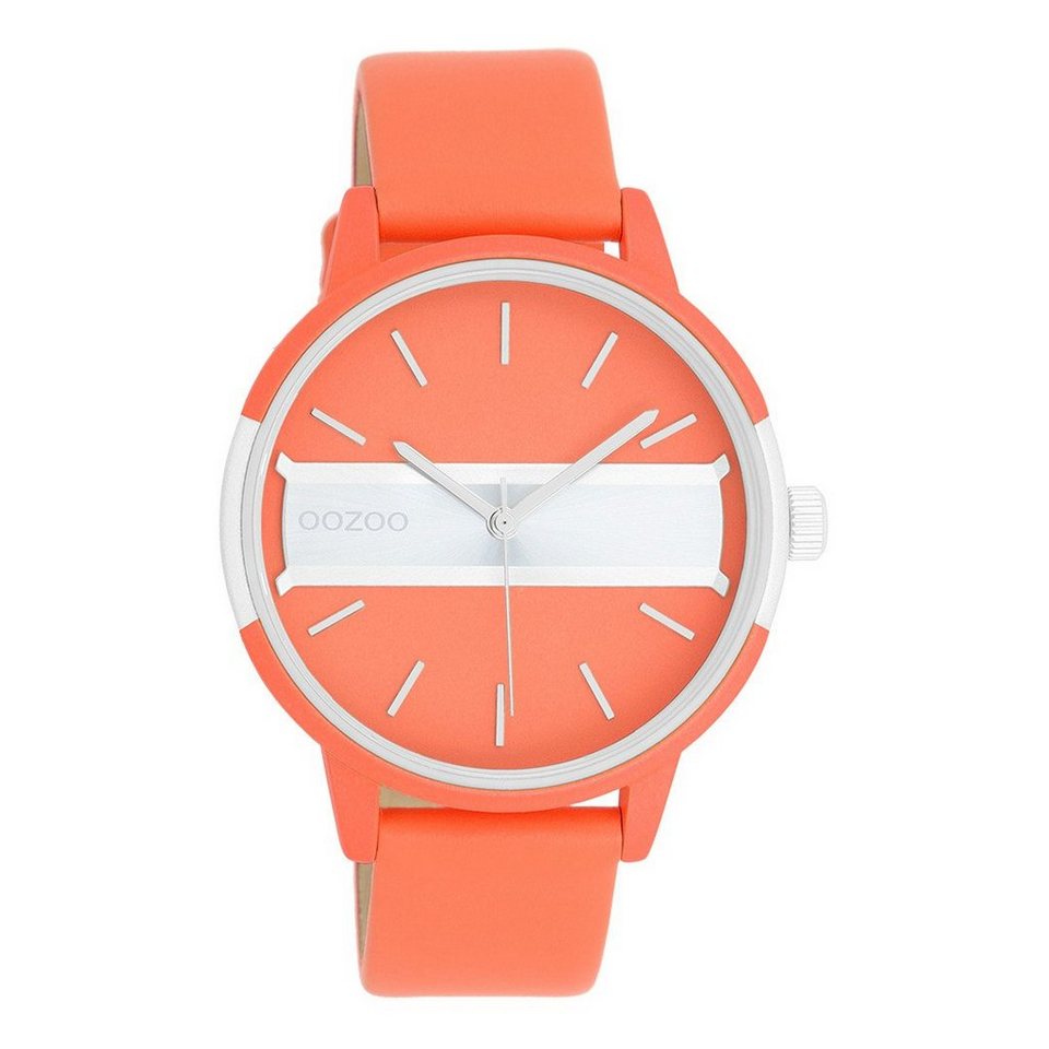 OOZOO Quarzuhr Oozoo Damen Armbanduhr Timepieces Analog, Damenuhr rund,  groß (ca. 42mm) Lederarmband, Fashion-Style, Lederarmband neon-orange,  glatt mit Dornschließe