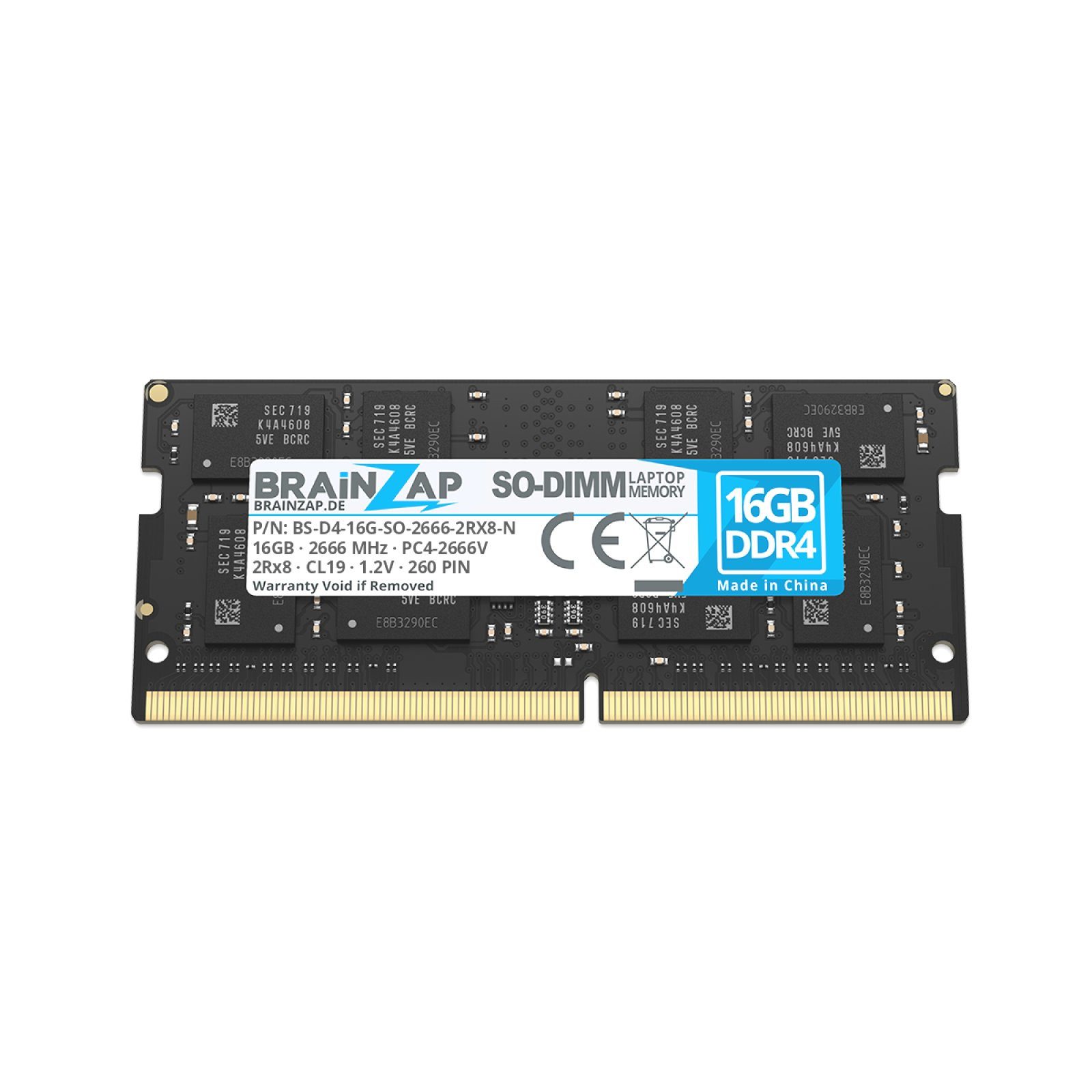 BRAINZAP 16GB RAM PC4-2666V SO-DIMM Laptop-Arbeitsspeicher (2666 MHz, CL19, 2Rx8, Non-ECC, Unbuffered, für Notebooks - Intel und)