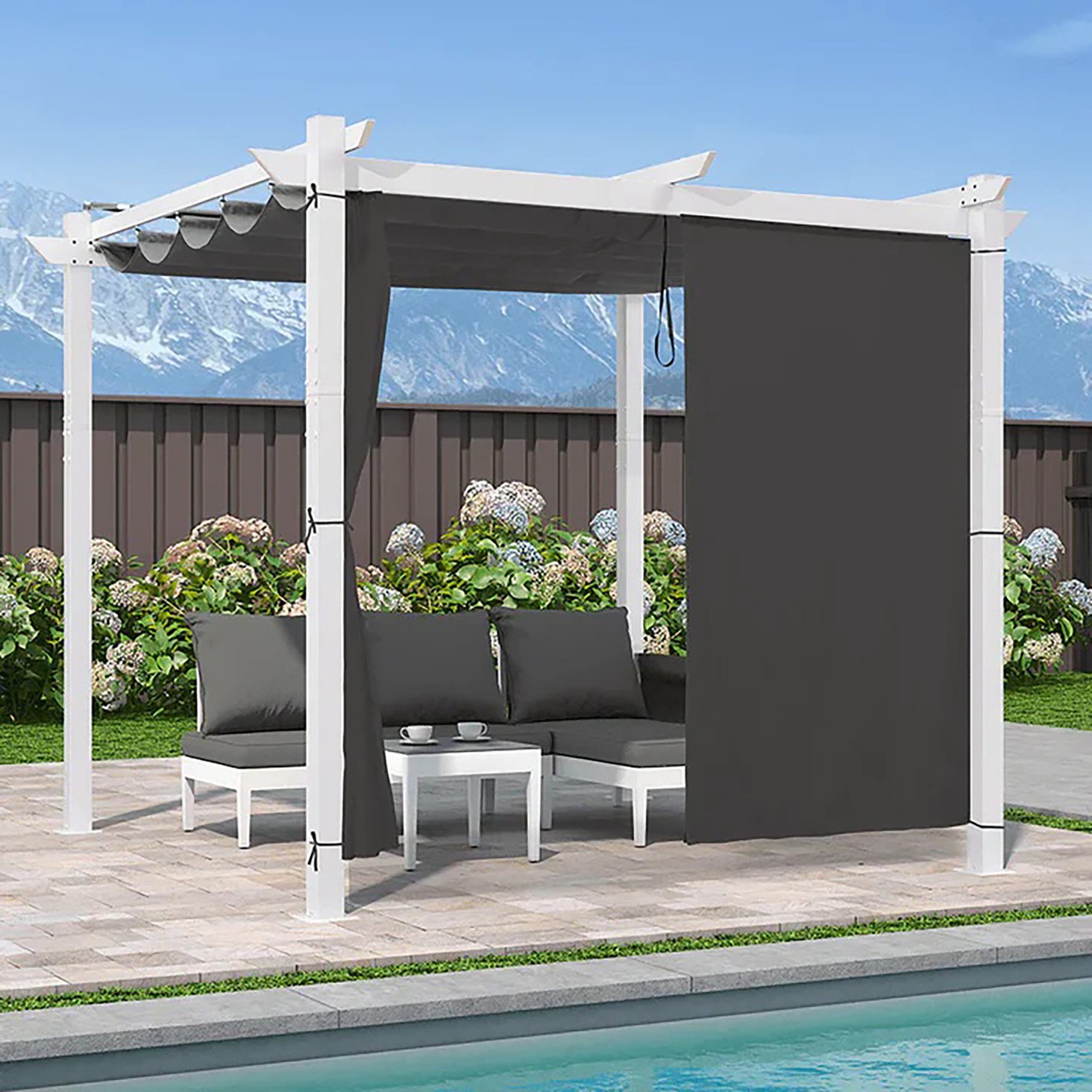 PURPLE LEAF Pergola Pavillon mit Schiebedach aus Aluminium und Seitenvorhang, BxTxH: 300x300x245 cm, (Komplettes Set, 1 Pergola + 1 Seitenvorhang), Freistehende Pergola mit manuellem Schiebedach und Seitenvorhang