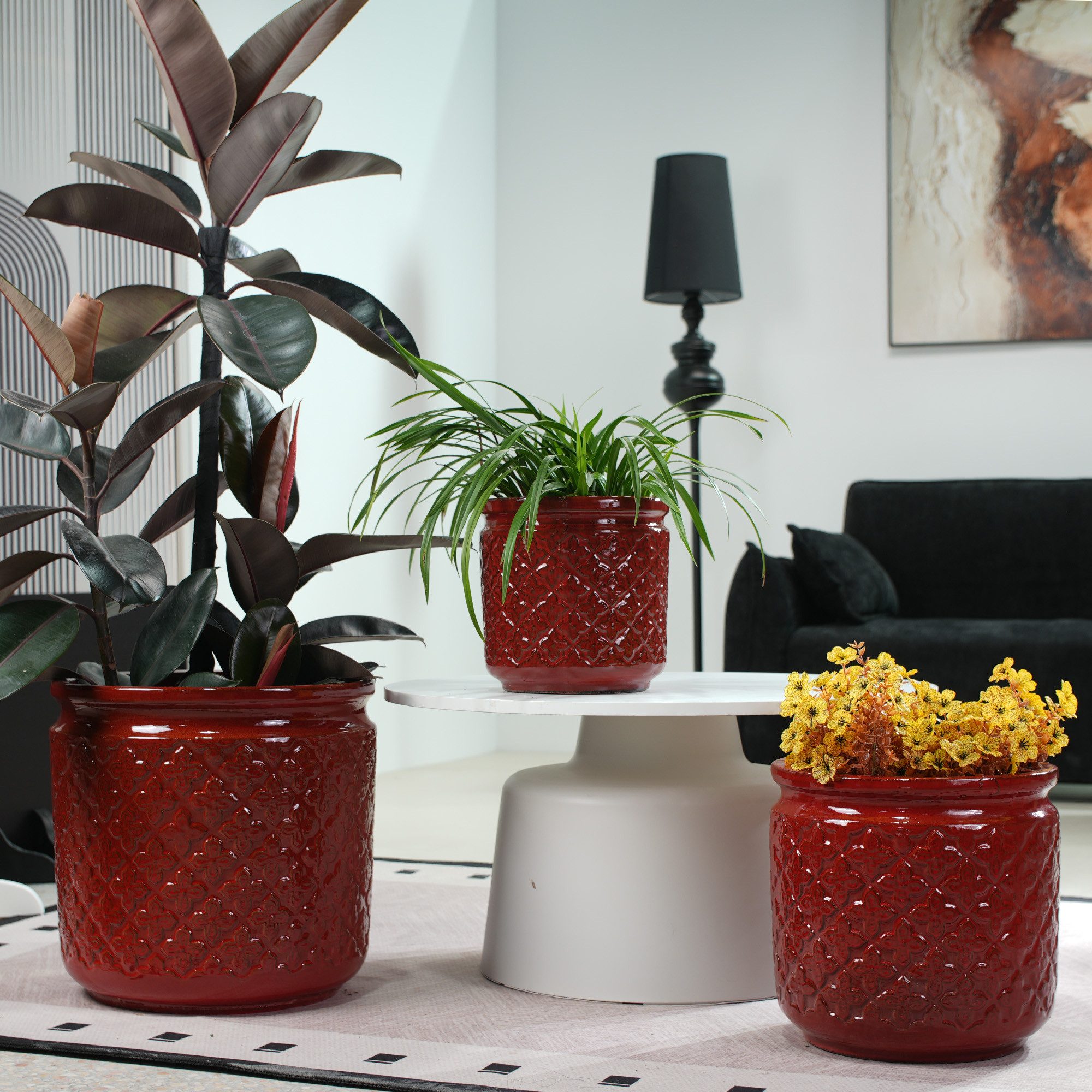 CHICFURN Blumentopf Handgefertigtes Keramik Pflanztopf-Set 3-teilig mit Rautenrelief (Packung, 3 St., Glänzende Oberfläche, atmungsaktiv, mit Ablauflöchern für Garten), Weinrot, Ø 38/30,5/23 cm, frostsicher