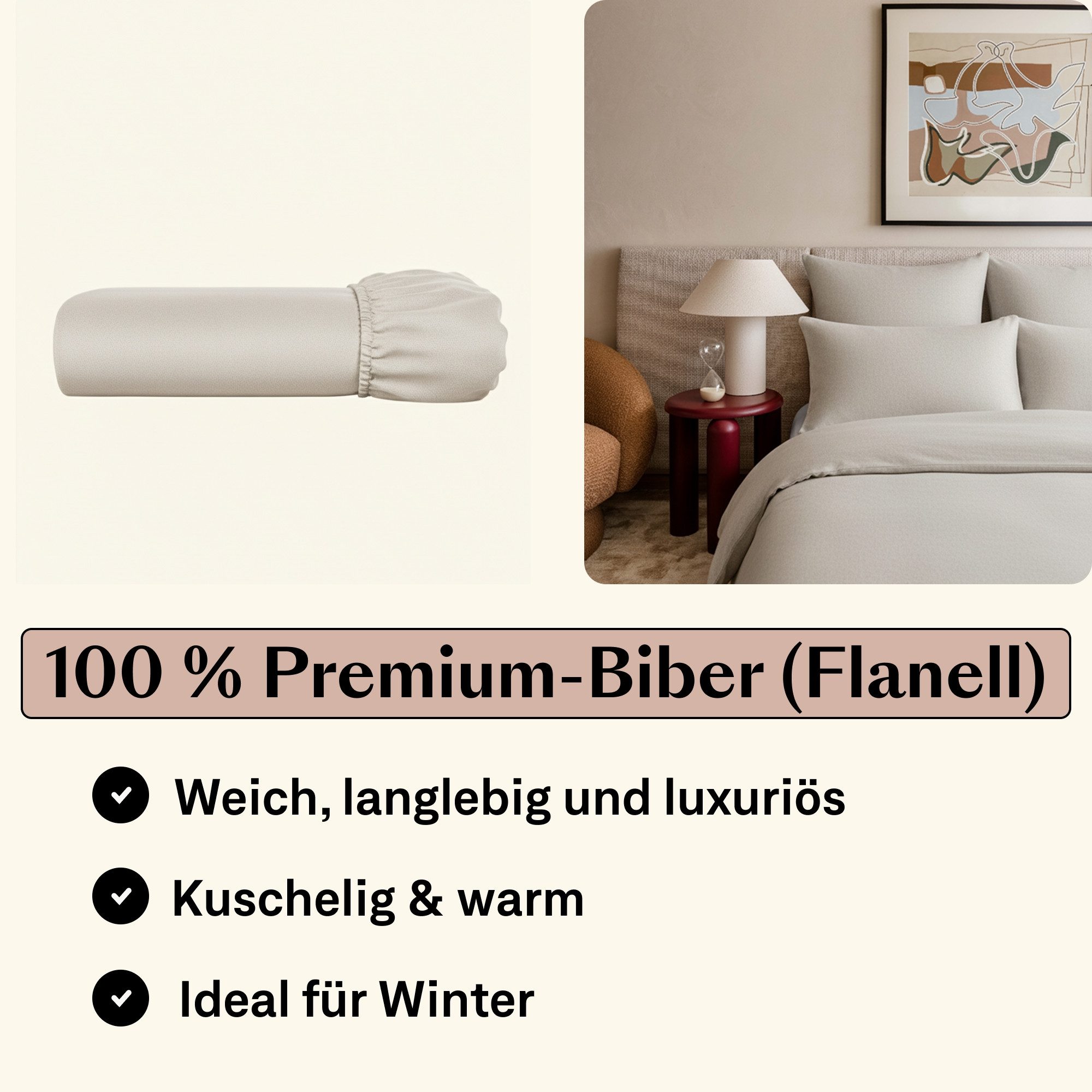 Amqua Spannbettlaken Premium Biber / Flanell Spannbetttuch, 100% Baumwolle, Gummizug: rundum, OEKO-TEX® zertifiziert, weich & atmungsaktiv für Winter & Herbst
