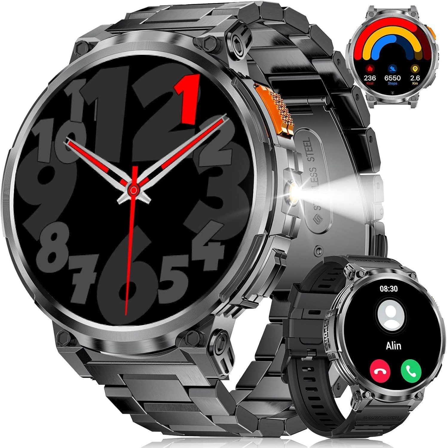 FoxBox FV6 Smartwatch (4,6 cm, android ios), Herren Outdoor Smartwatch mit 1.85" HD Display, LED Lampe