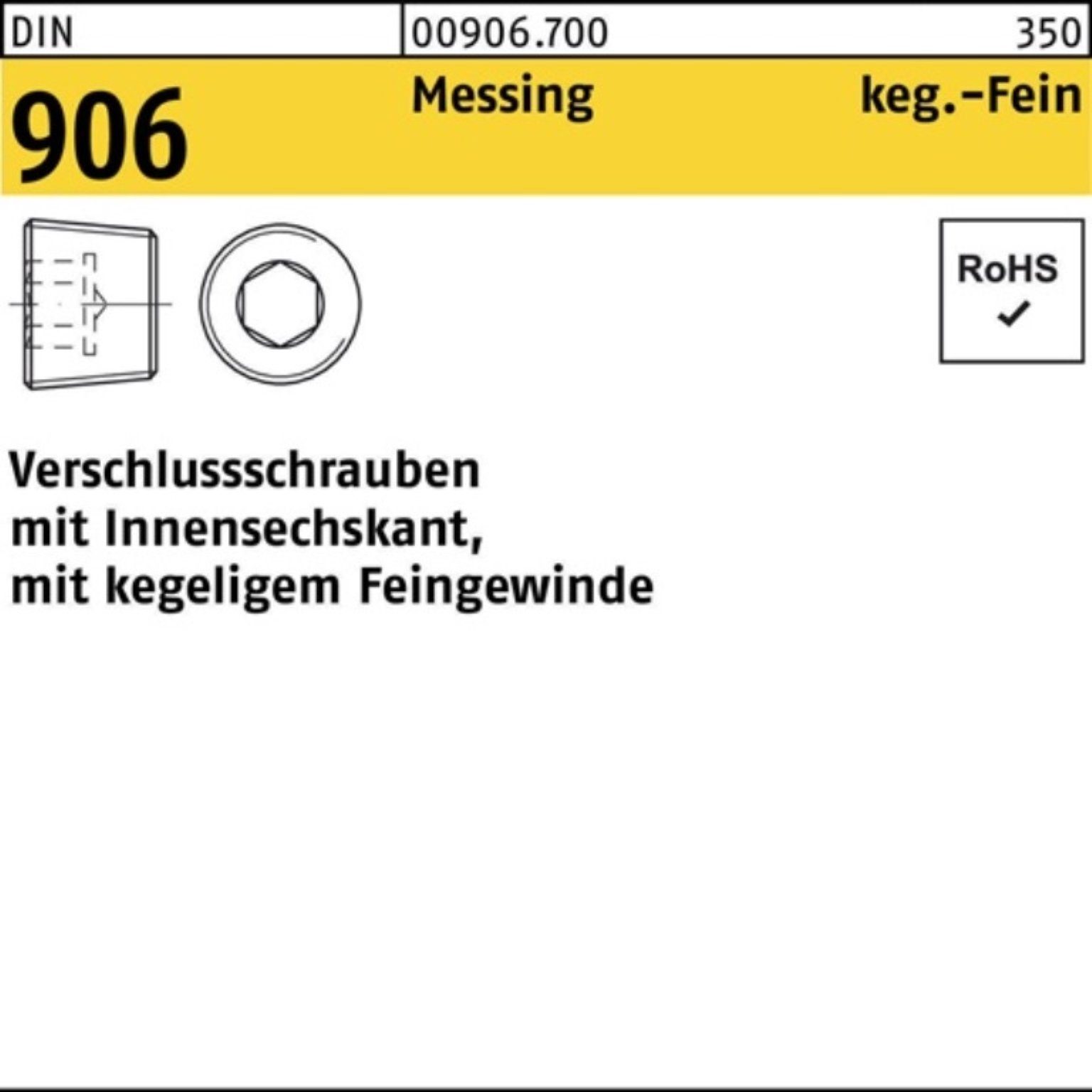 Reyher Schraube 100er Pack Verschlußschraube DIN 906 Innen-6kt M14x 1,5 Messing 50 St