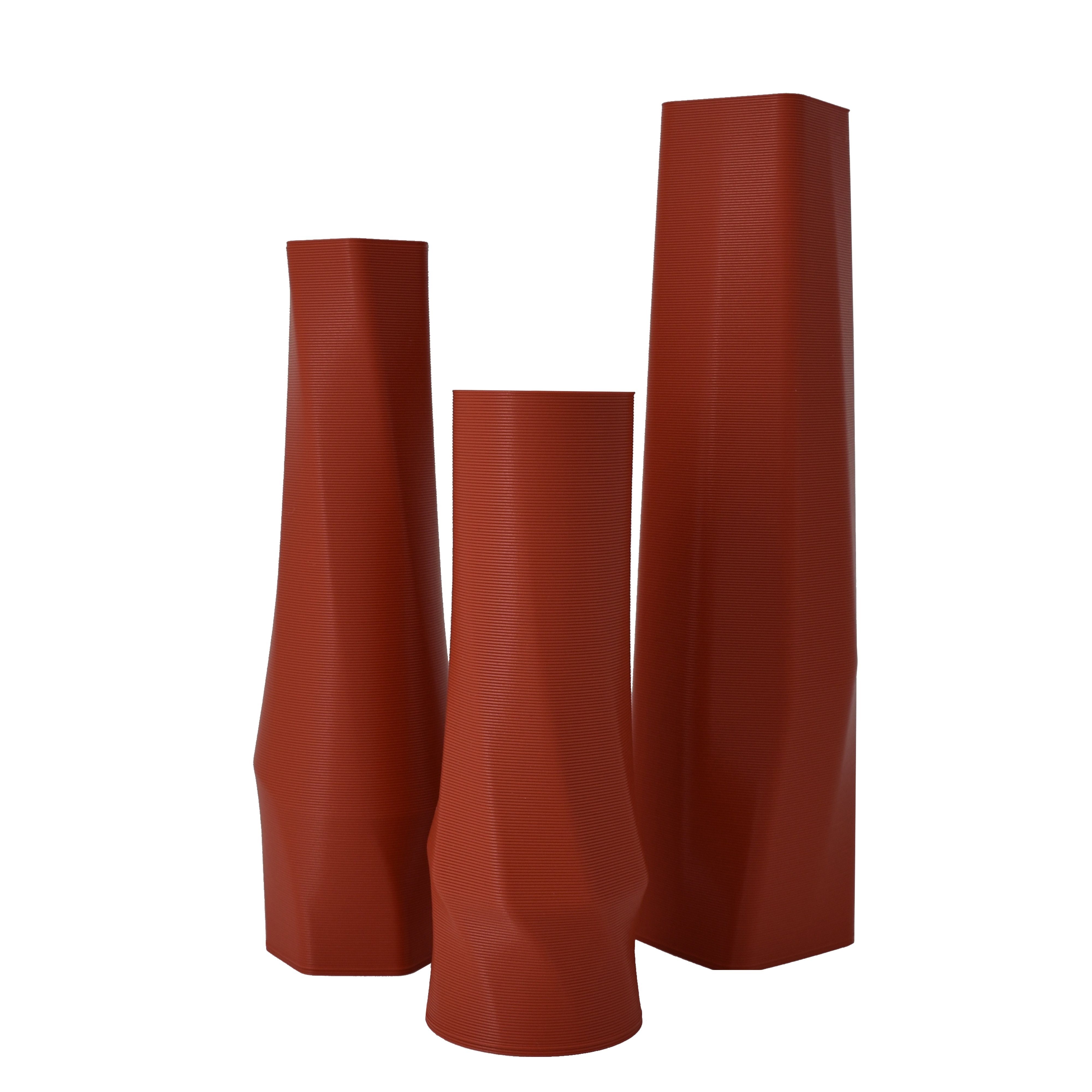 Shapes - Decorations Dekovase geometrio. (basic), 3D Vasen, 3er Set, 3D Dekovase, 100% 3D-Druck (3er Spar-Set, 3 Vasen in verschiedenen Größen), Wasserdicht; Leichte Struktur innerhalb des Materials (Rillung) Terracotta (rot)