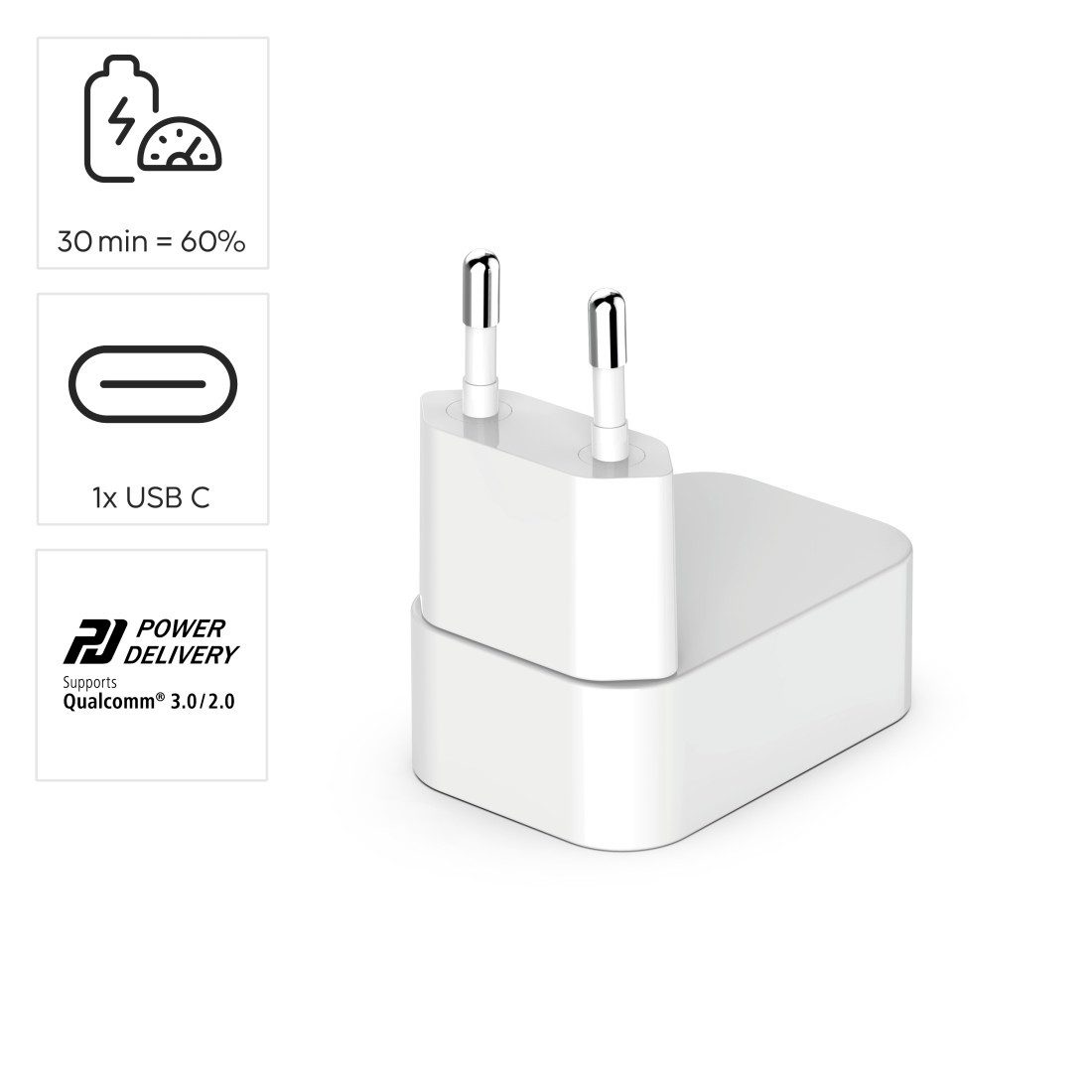 Hama faltbares Mini-Schnellladegerät, 30 Watt, GaN, USB-C, weiß Schnelllade-Gerät (1xUSB-C, Power Delivery, Fast Charge, GaN-Technologie, Eurostecker)