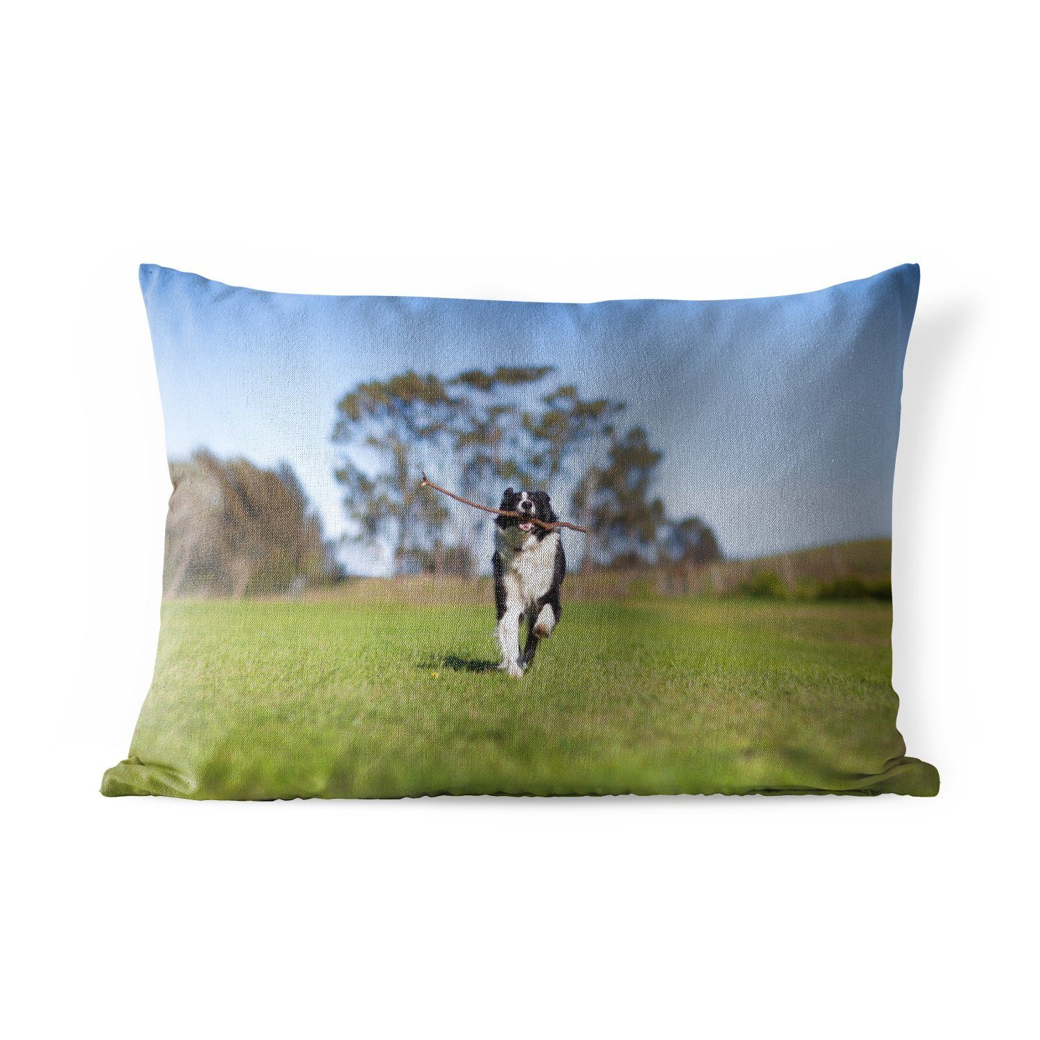 MuchoWow Dekokissen Ein Border Collie mit einem Stock im Maul, Outdoor-Dekorationskissen, Polyester, Dekokissenbezug, Kissenhülle