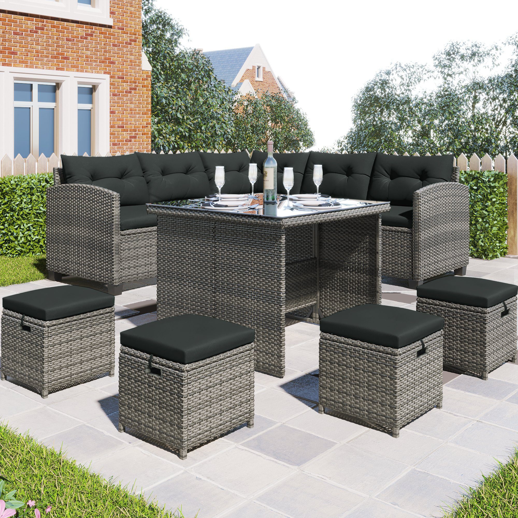 Gartenlounge-Set, (8-tlg), 2 Sofa, 4 Hocker, Tisch 100x100 cm, Polyrattan, mit Auflagen