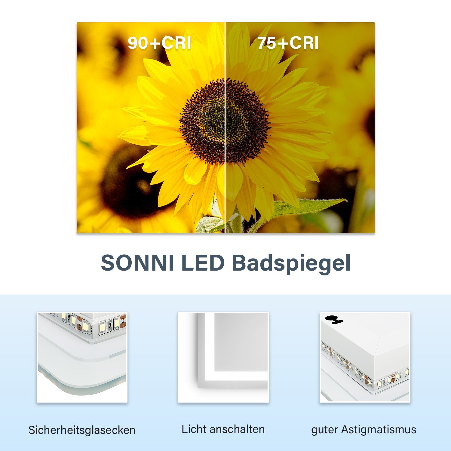 Thumbnail - SONNI Badspiegel Badspiegel mit LED Beleuchtung und kosmetik spiegel 80 x 60, Touch Beschlagfrei Rasierersteckdose Badez...