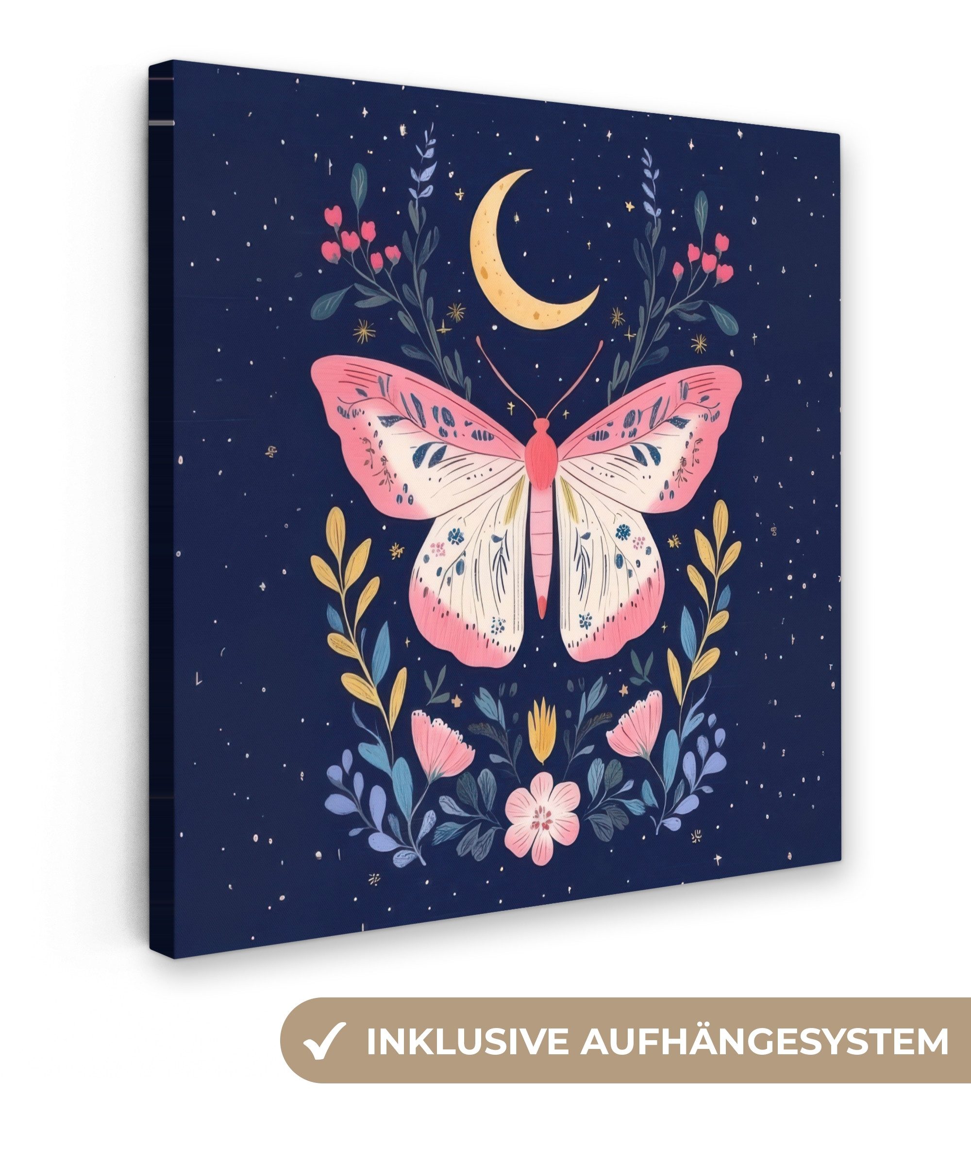 OneMillionCanvasses® Leinwandbild Schmetterling - Mond - Blumen - Sternenhimmel, Fotodruck (1 St), Wandbild, Deko Schlafzimmer Wohnzimmer Flur 20x20 cm