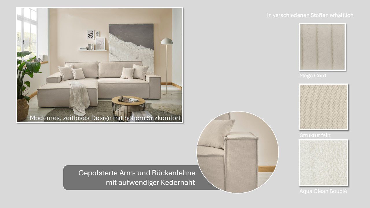 OTTO home Ecksofa FINNLEY, L-Form 257 cm, Schlafsofa, mit Bettkasten, in Bouclé, Struktur fein und Mega Cord
