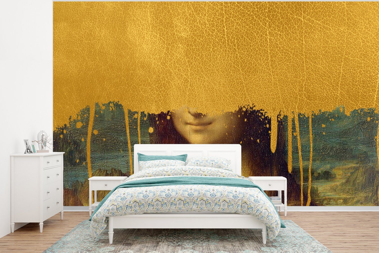 MuchoWow Fototapete Mona Lisa Vinci, (6 Wohnzimmer, für - Gold Tapete Schlafzimmer, Da bedruckt, - St), Kinderzimmer, Vinyl Matt, Wallpaper