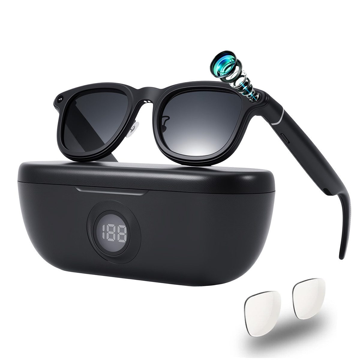 AeroAxis Videobrille AI Smart Glasses 8MP Kamera, Ki Brille mit Ladecase & Ersatzgläsern, Mikrofon,Musik,Übersetzung,Sprachassistent – ideal für Alltag & Reisen