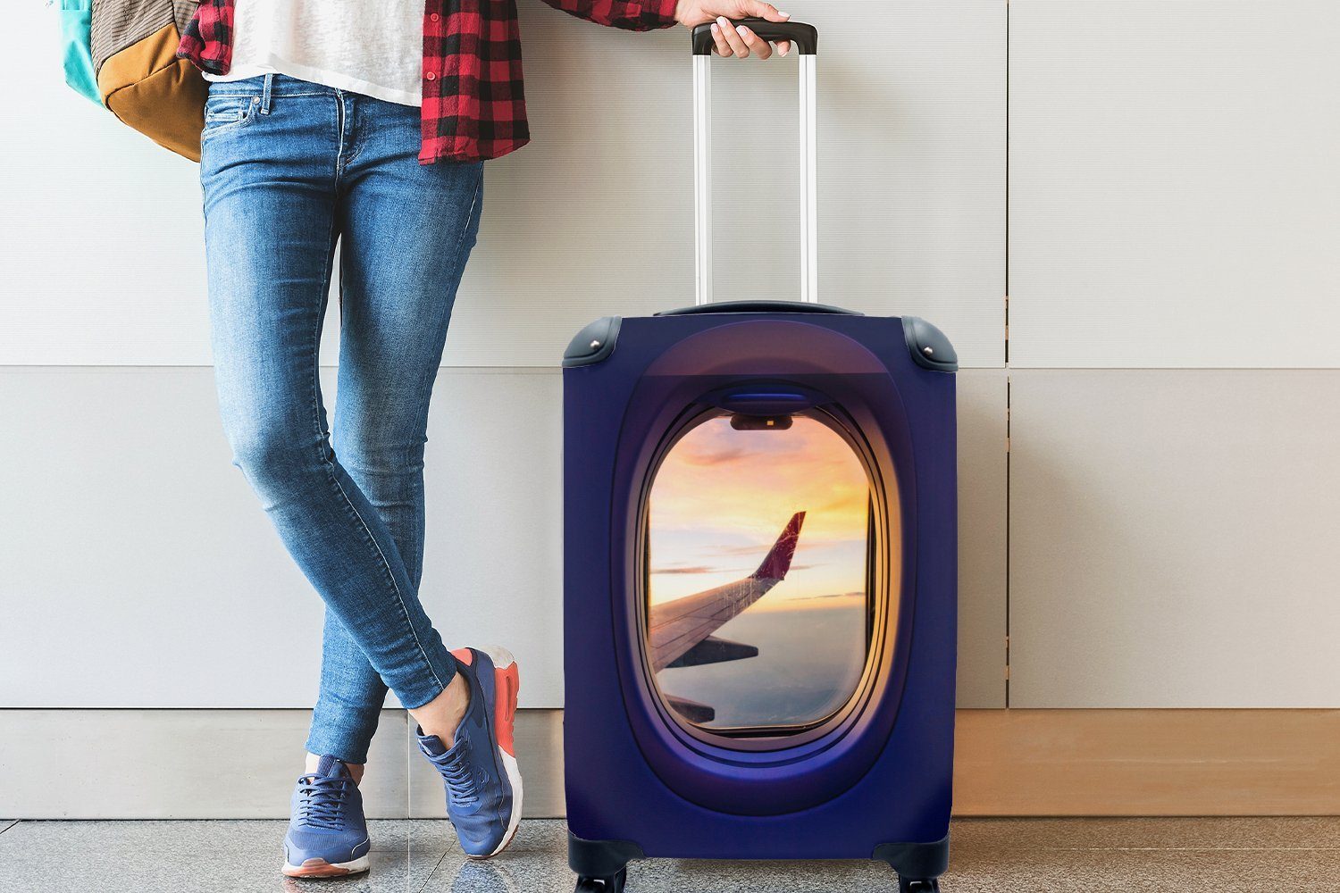 Reisetasche Trolley, 4 Reisekoffer MuchoWow für dem Ferien, Flugzeug, Rollen, aus mit Handgepäck Handgepäckkoffer rollen, Blick