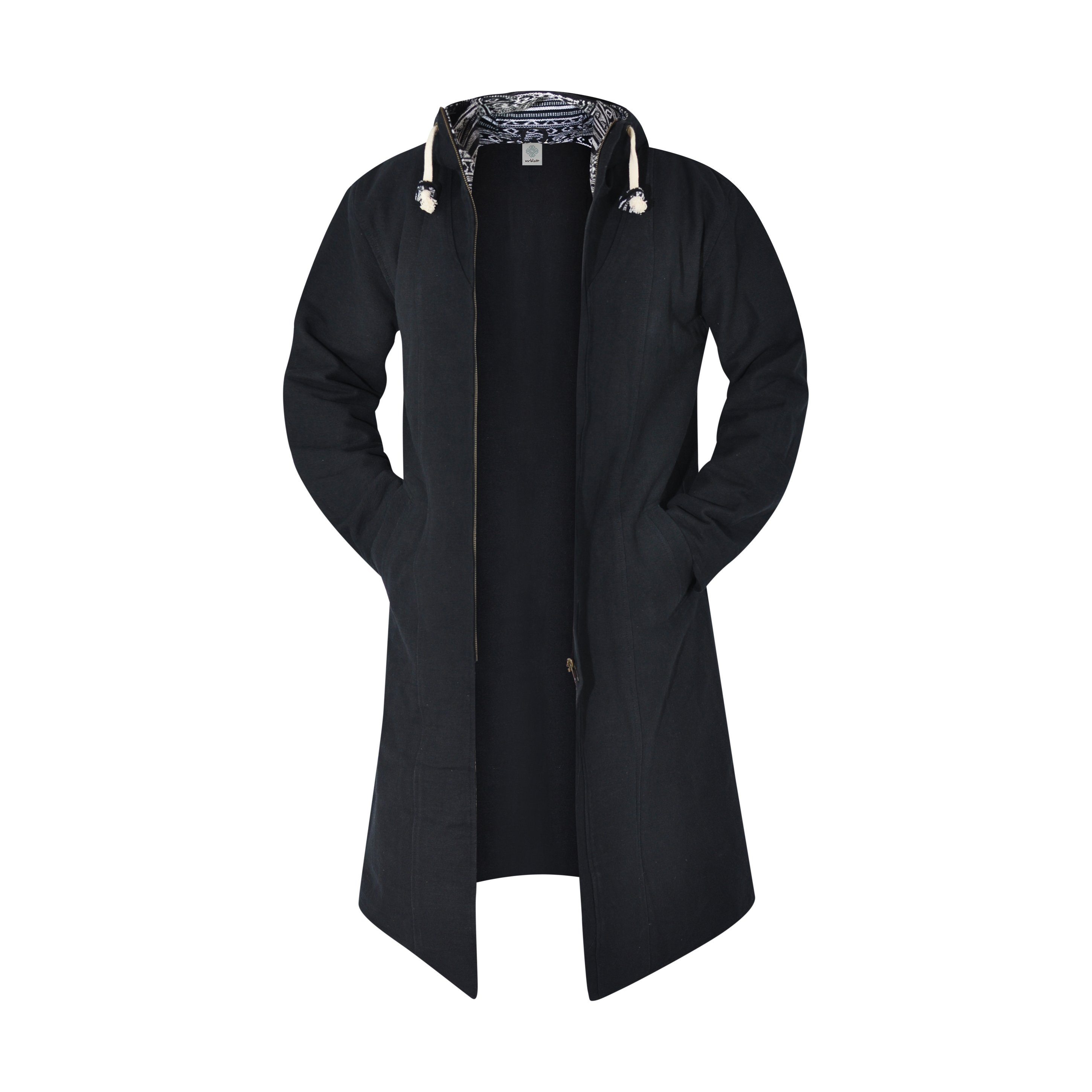 virblatt Langmantel Baja Mantel Herren & Damen, Baumwolle Hippie Hoodie Winterparka großes gesticktes Mandala am Rücken, Kapuze und Ethnoverzierung
