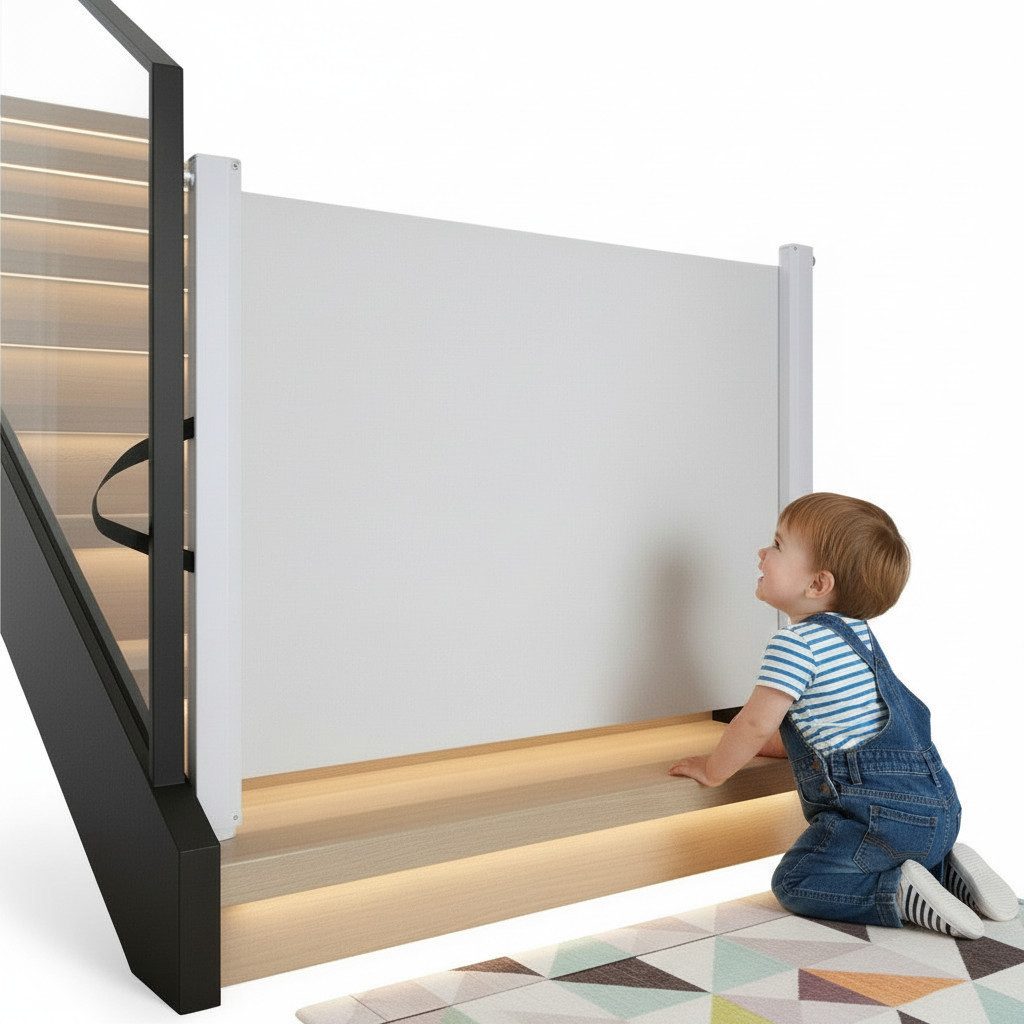 Melko Treppenschutzgitter Ausziehbares Absperrgitter für Tür und Treppe, Wandmontage (Einzelset, Set bestehend aus Treppenschutzgitter mit Befestigungsmaterial), Platzsparendes, ausziehbares Sicherheitsgitter für Türen und Treppen