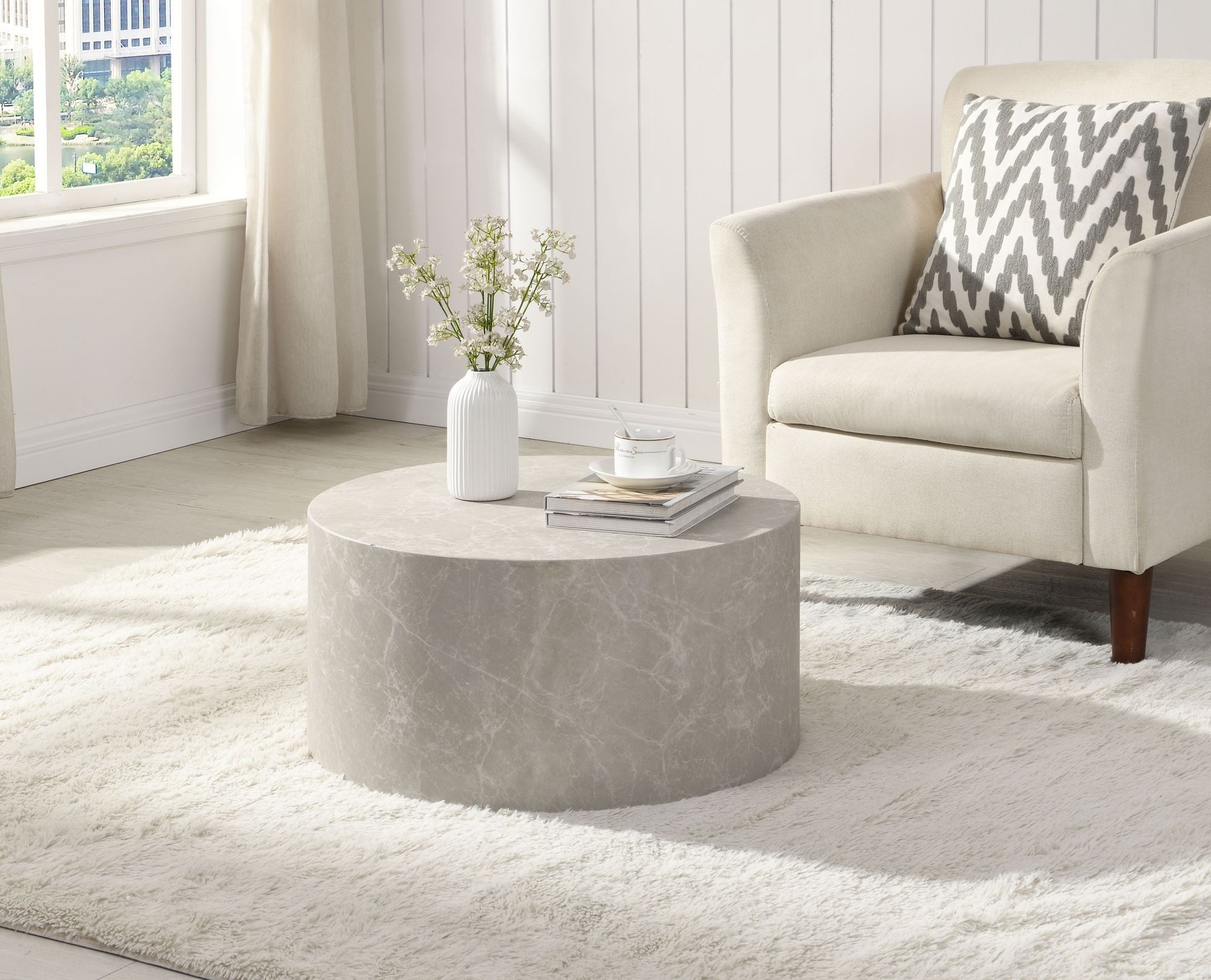 FINEBUY Couchtisch FB71674 Rund 60cm Wohnzimmertisch Sandstein Design Loungetisch (MONOBLOC 60x60x30 cm MDF Stein Optik Sandfarben), Sofatisch Beige, Kaffeetisch Klein Rund Modern