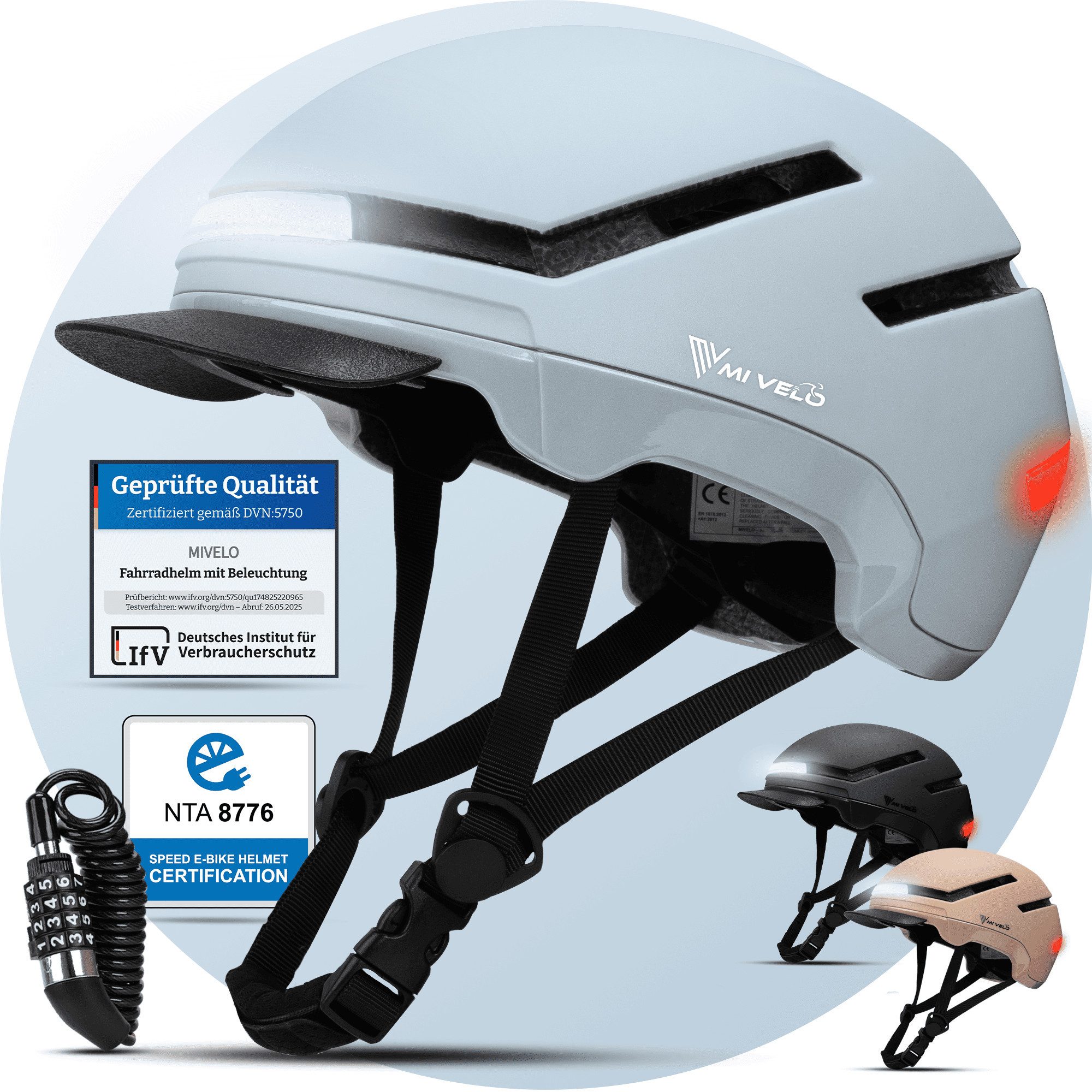 MIVELO Fahrradhelm NOVA - für Herren und Damen mit Licht vorne & hinten, NTA zertifiziert, 360° Beleuchtung, 24 Monate Crash-Ersatz-Garantie