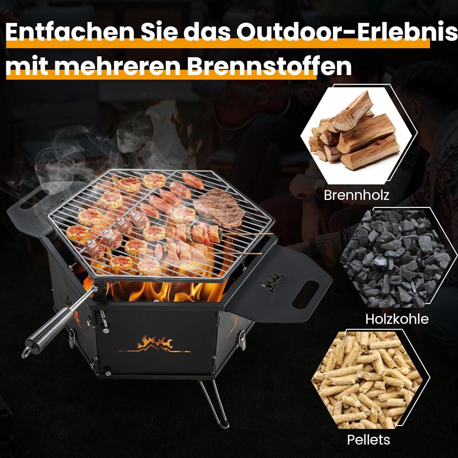 KOMFOTTEU Holzkohlegrill 2 in 1 Campinggrill, mit 360° drehbarem Grill, für 3-6 Personen
