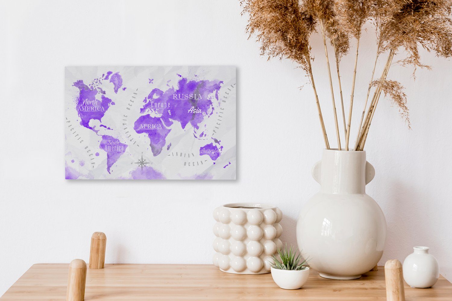 Weltkarte Ölfarbe Violett, St), OneMillionCanvasses® (1 - cm Leinwandbild Aufhängefertig, Wanddeko, 30x20 - Leinwandbilder, Wandbild