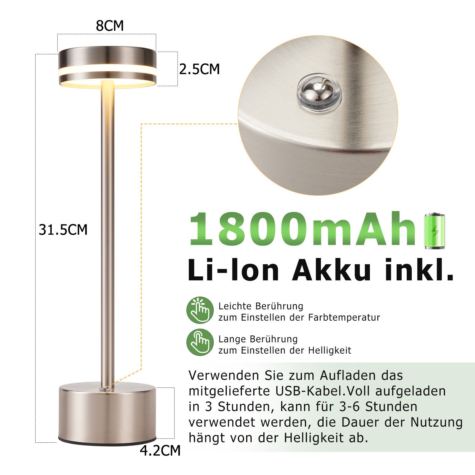 ZMH Tischleuchte 2ER-Set Gold/Schwarz/Weiß USB LED Akku Touchdimmer Nachttischlampe, Touch-Steuerung, LED fest integriert, Warmweiß-Neutralweiß-Kaltweiß, Mehrere Helligkeitsstufen