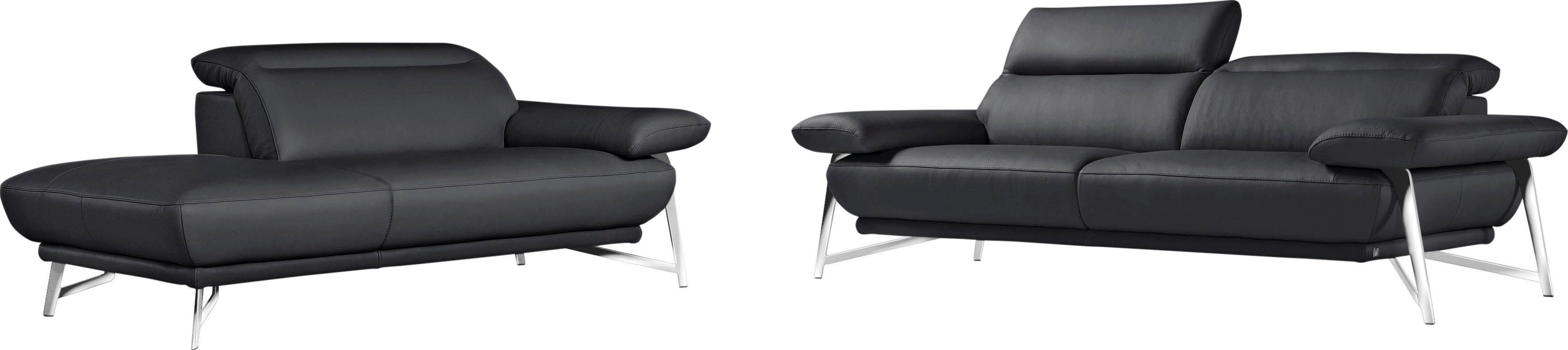 Egoitaliano Sofa Anais, erstklassiger Sitzkomfort, Fußfarbe chrom, Set, Kopfteil verstellbar, Leder BULL, schwarz