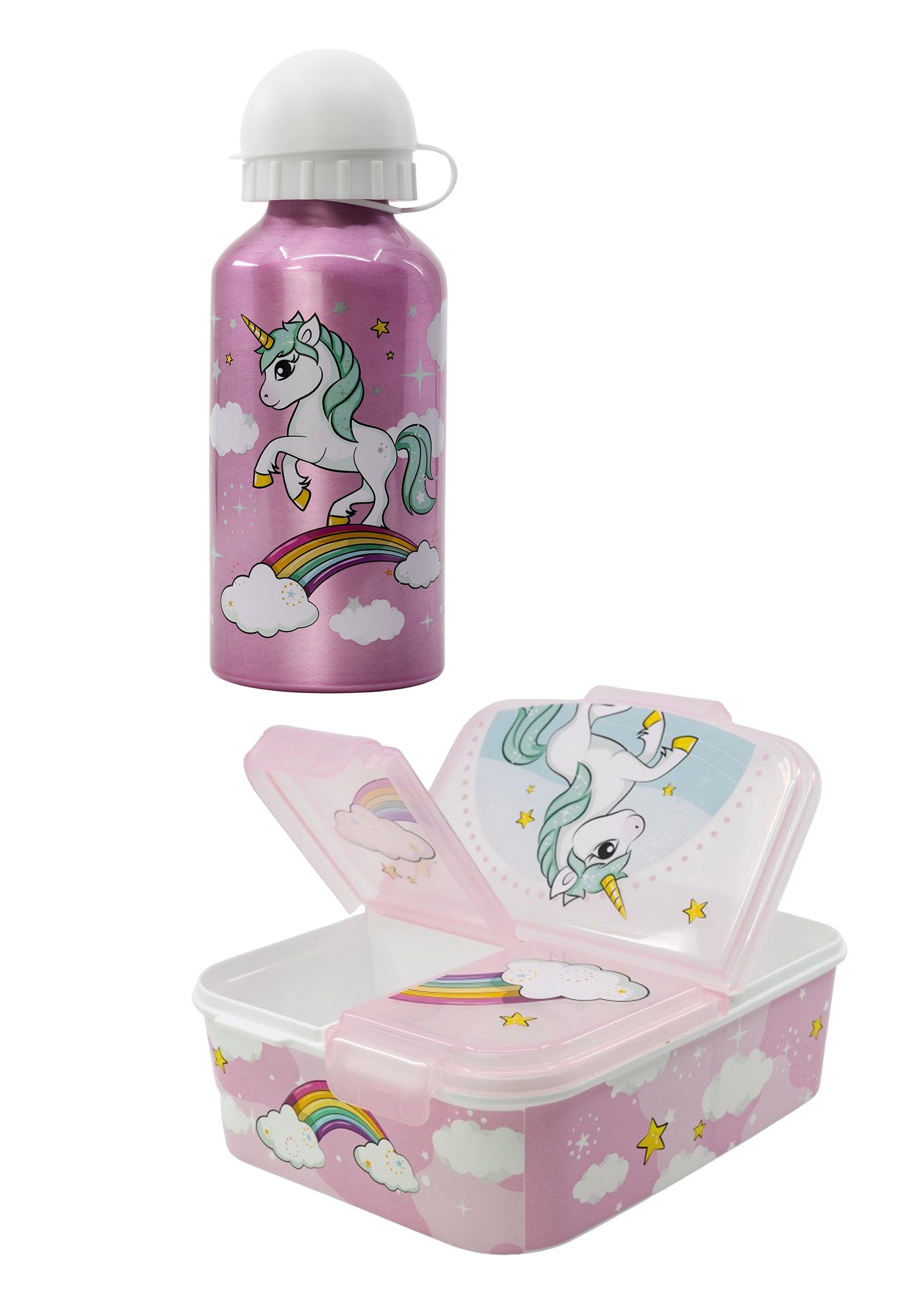 + Brotdose Lunchbox Sportflasche 2-tlg) Lunch-Set einhorn Einhorn, Lunchbox Trinkflasche (SET,