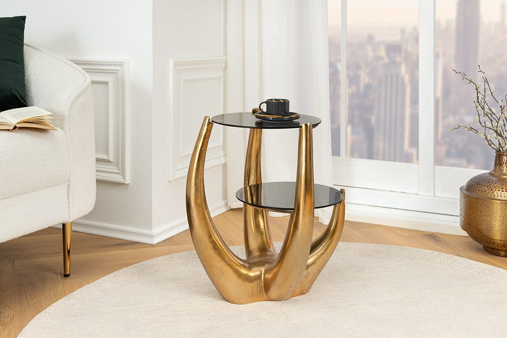 riess-ambiente Beistelltisch LEVELS 50cm gold antik / schwarz · Wohnzimmertisch mit 2 Tischplatten (Einzelartikel, 1-St), Schlafzimmer · Metall-Gestell · rund · handmade · Glasplatte