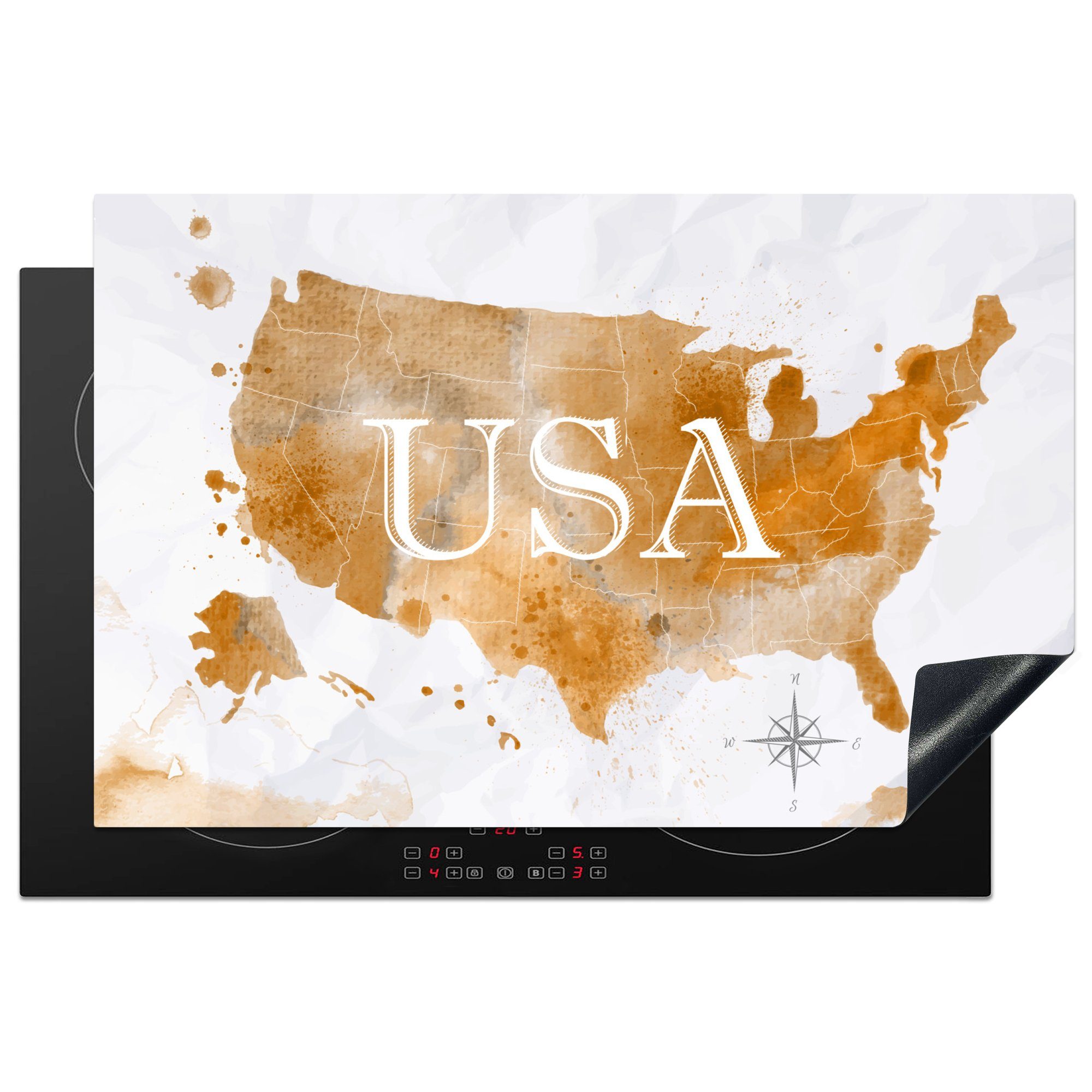 MuchoWow Herdblende-/Abdeckplatte Karte - Amerika - Gold, Vinyl, (1 tlg), 81x52 cm, Induktionskochfeld Schutz für die küche, Ceranfeldabdeckung