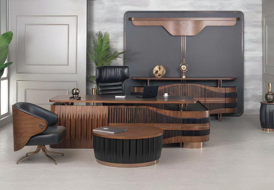 Xlmoebel Büromöbel-Set Modernes Büroeinrichtungsset mit Schreibtisch und eleganter Konsole, (Eckschreibtisch+Stuhl+Couchtisch+Konsole+Sessel), Hergestellt in Europa