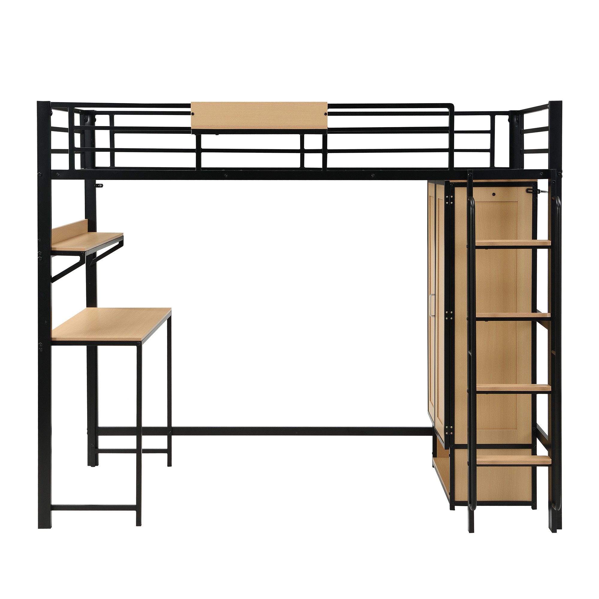 Odikalo Loft Bed 90x200 Metal Bed with Desk & Wardrobe (Iron Bed, Youth Bed, Children's Bed, With Double Door Wardrobe, Stairs with Handrails, With Desk and Storage Shelf, Upper Bed with Shelves, Iron + MDF, Black+Natural, 90x200cm)