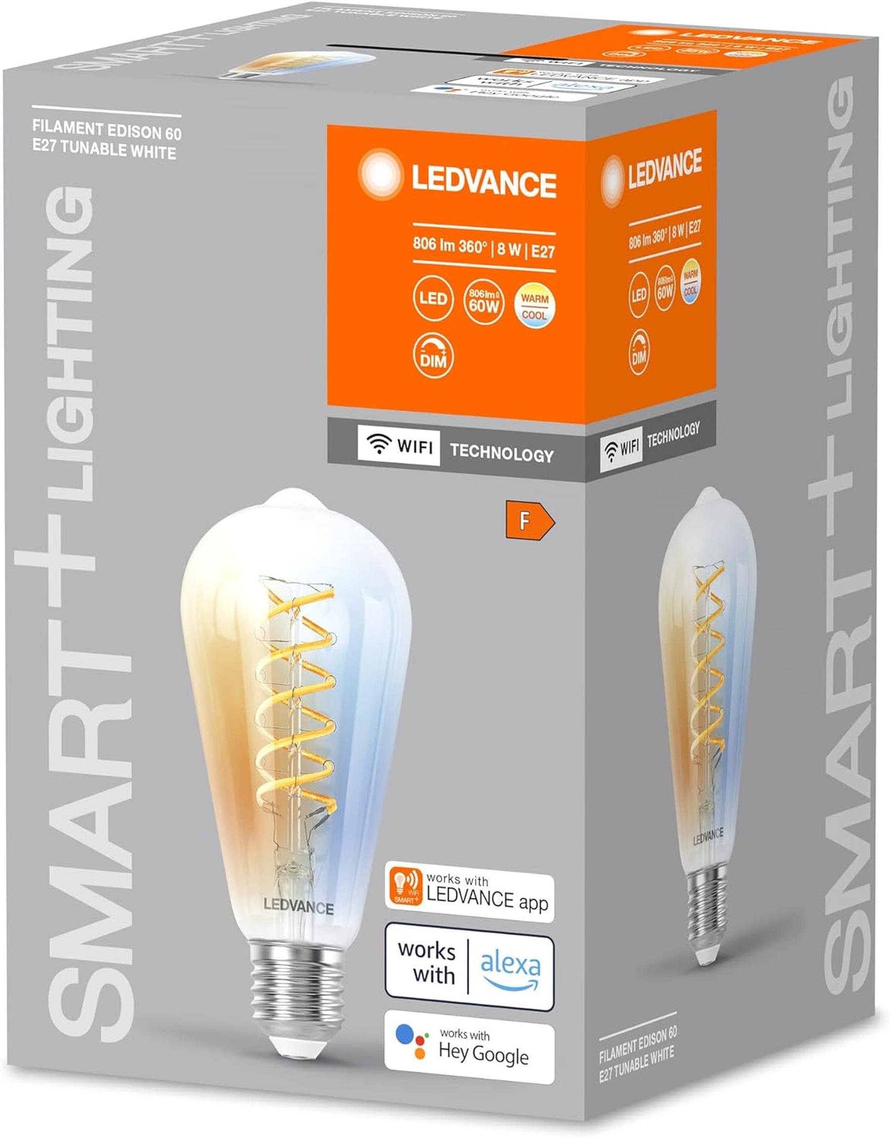 8W, SMART+ 806lm, Weißglas, LED-Lampe, LED-Leuchtmittel LEDVANCE WIFI Edison-Form Ledvance