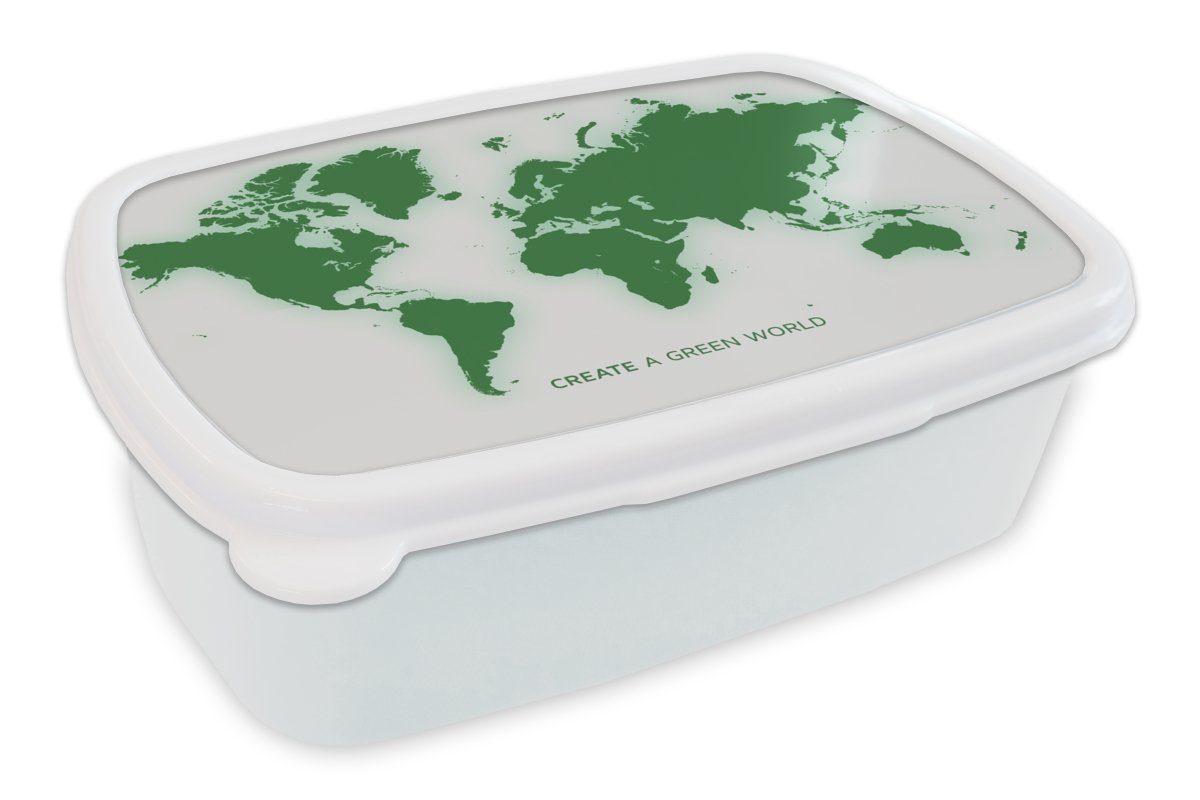 MuchoWow Lunchbox Weltkarte - Motivation - Zitat - Grün - Kinder - Jungen - Mädchen, Kunststoff, (2-tlg), Brotbox für Kinder und Erwachsene, Brotdose, für Jungs und Mädchen weiß