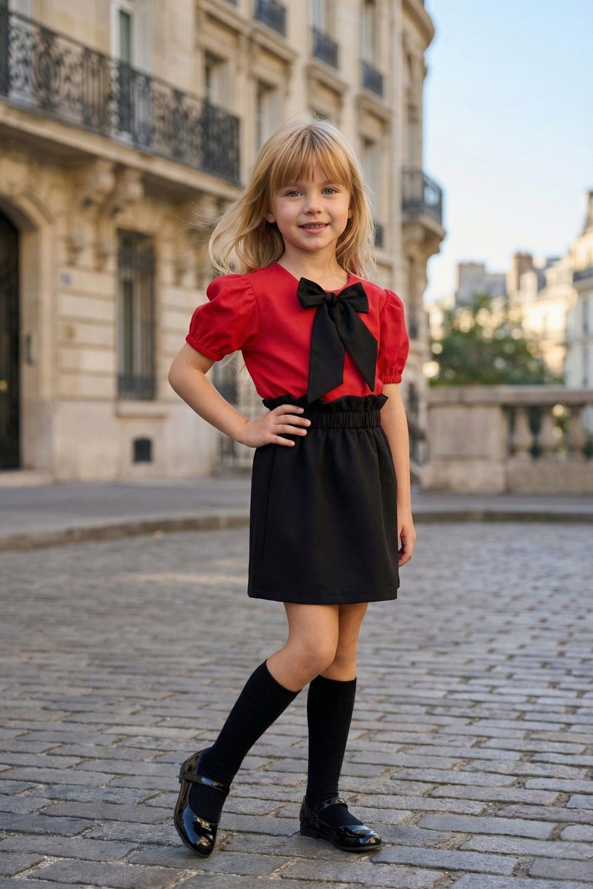 Parla Kids Shirt & Rock Schwarzer Rock mit Raffung und rote Bluse mit schwarzer Schleife