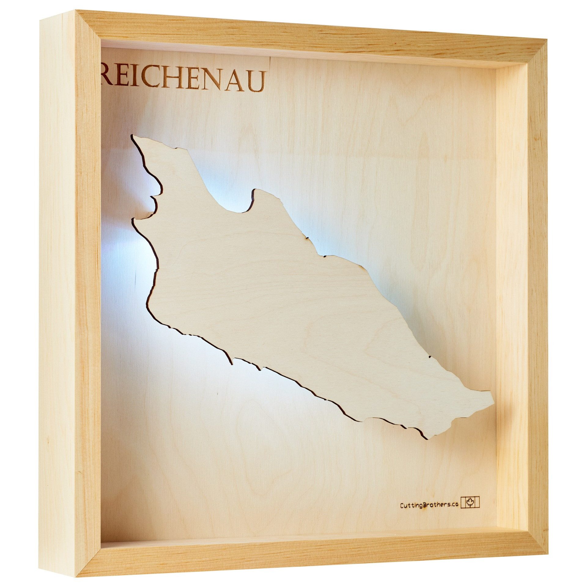 Cutting Brothers LED-Bild Reichenau 35x35 cm, LED-Holz-Wandkarte, mit indirekter Beleuchtung, handgefertigt aus Echtholz