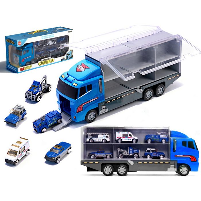 Ikonka Spielzeug-Auto Transporter LKW TIR-Werfer + Metallautos Polizei