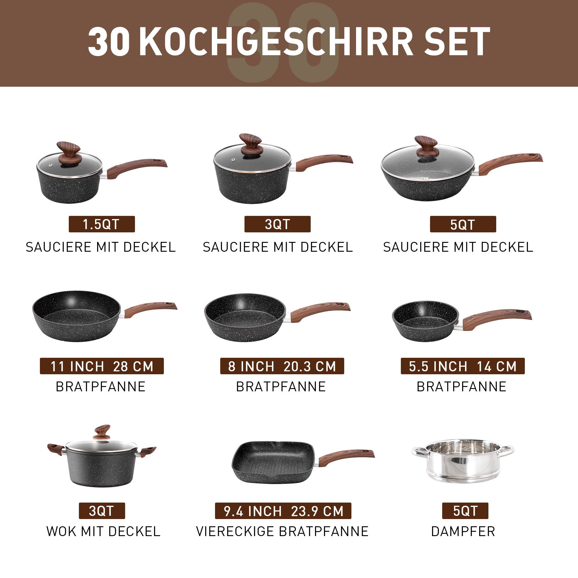 Kitchen Academy Topf-Set, Aluminium, Granit (30-tlg, Pfanne 14/20/24,5/28 cm, Bratpfanne 24,5cm, Kasserolle 1,5/3/5 qt, 2 Backform, Kastenform, Rundeform, Muffinform, Silikonbesteck), Küche Induktion Kochgeschirr & Backgeschirr Set 30-teiliges
